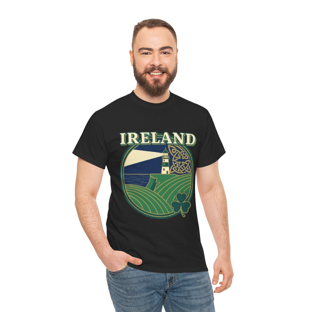 Ireland Scenic Tee — Celtic Lighthouse & Shamrock Graphic T-Shirt