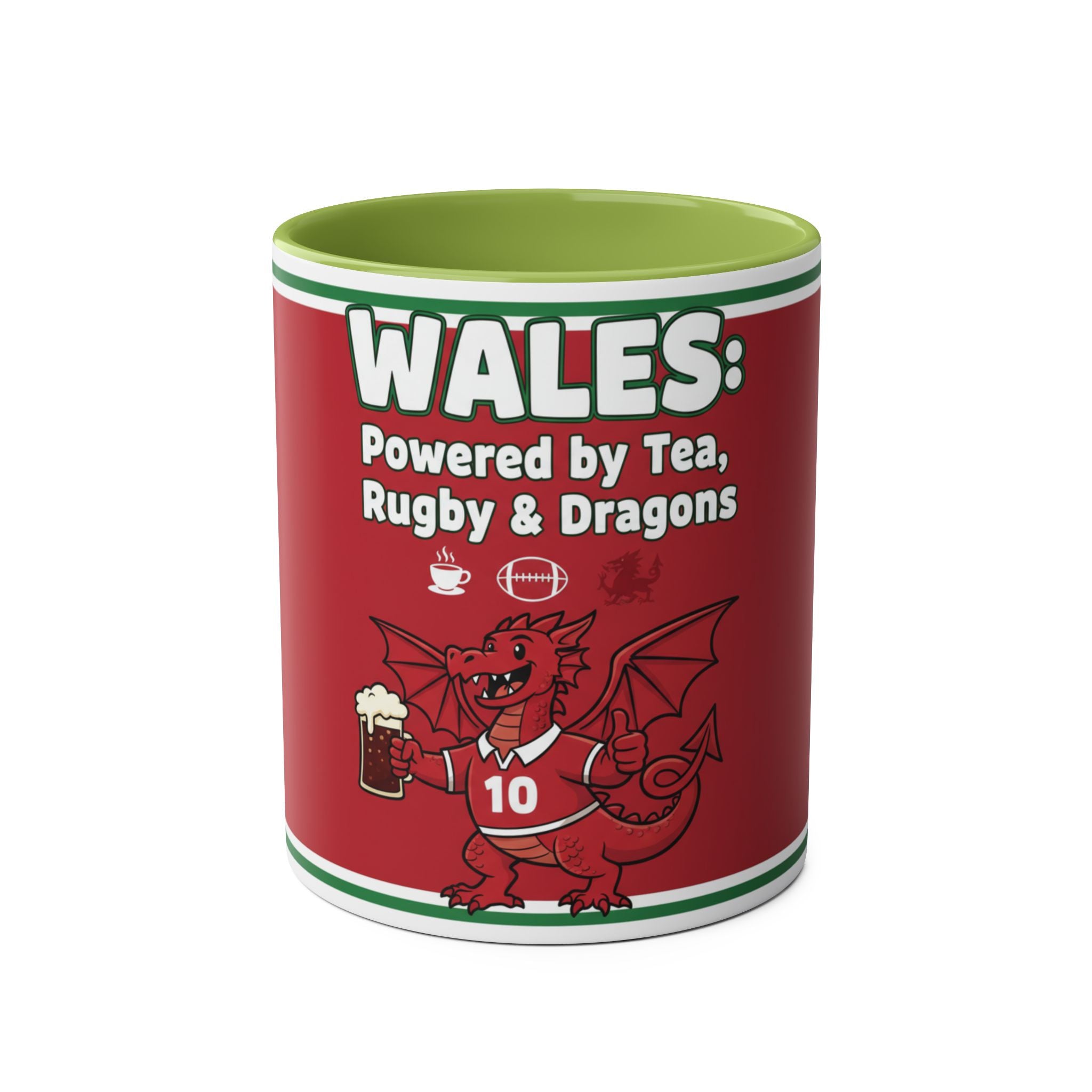 Wales Coffee Mug – "Wales: Powered by Tea, Rugby & Dragons" 11oz Two-Tone Mug