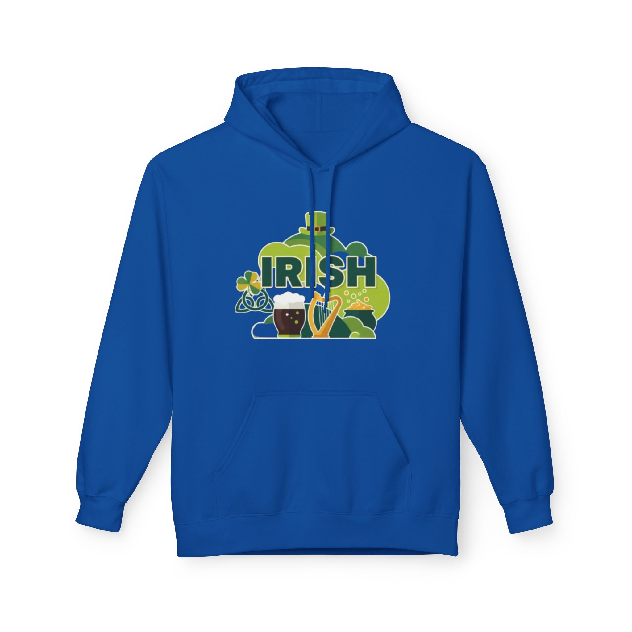 Irish St. Patrick's Day Hoodie — Shamrock, Leprechaun Hat & Pint Design