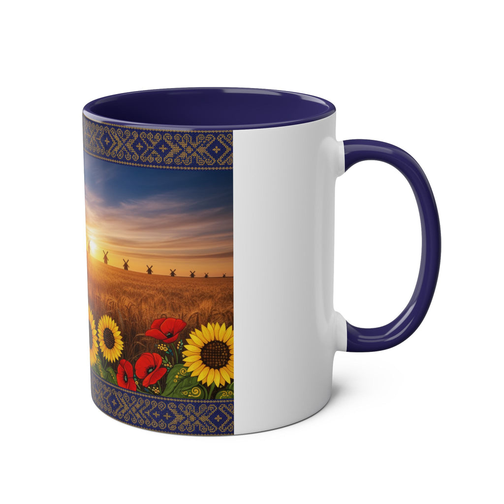 Sunflower Field Ceramic Mug — Two-Tone 11oz Coffee Cup with Sunrise & Windmills Design