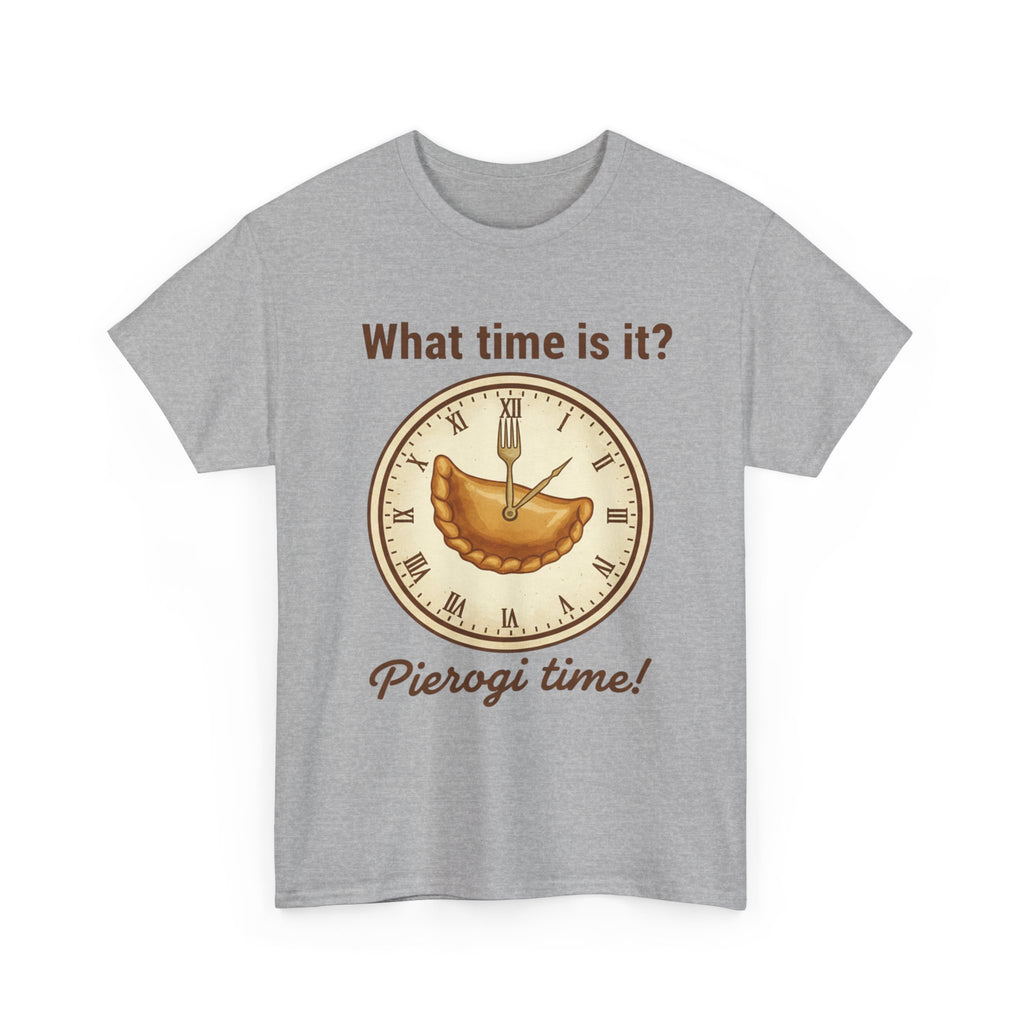 Pierogi Time T‑Shirt — "What time is it? Pierogi time!" Vintage Clock Food Tee
