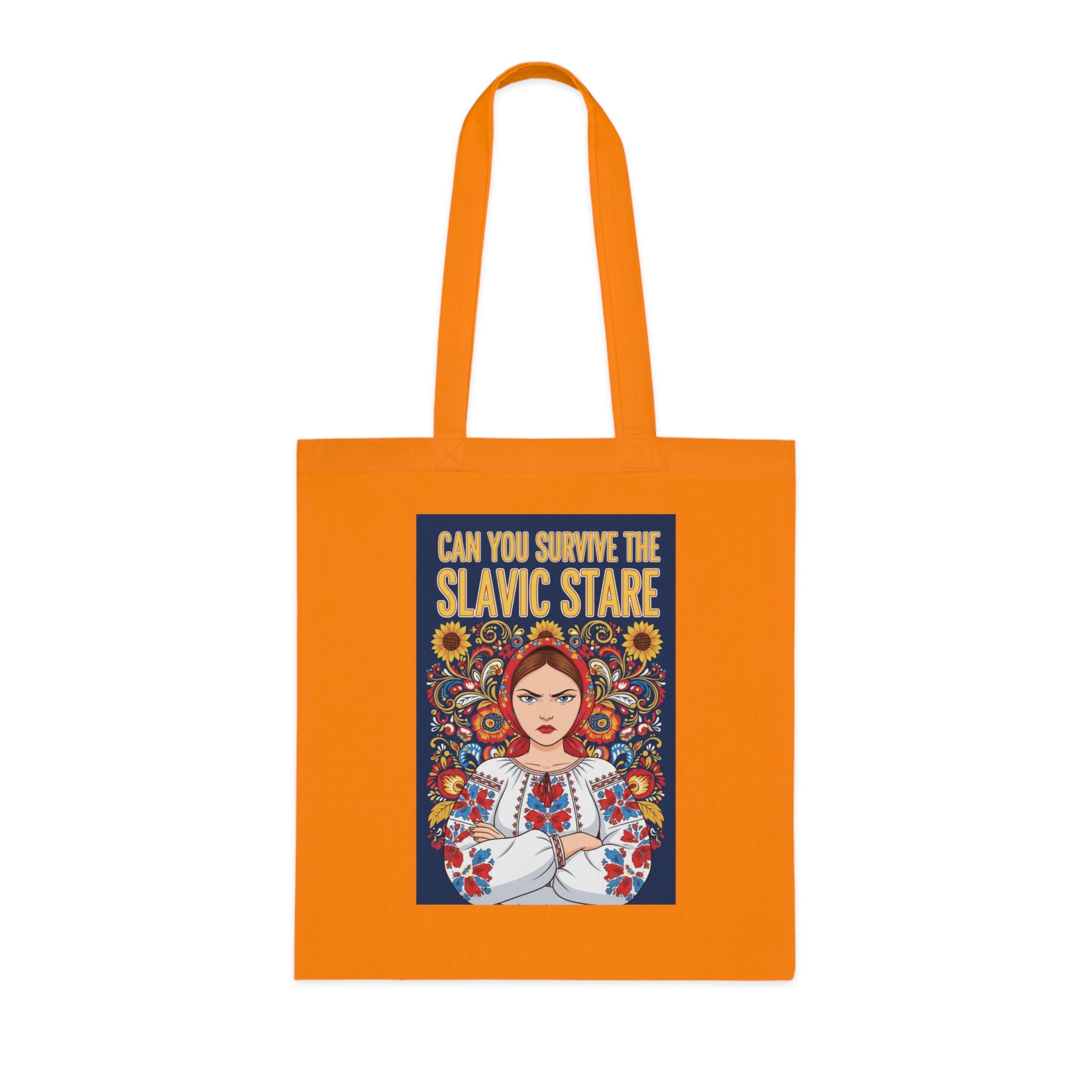 Slavic Stare Cotton Tote — Feminine Folk Art Reusable Bag ("Can You Survive the Slavic Stare")