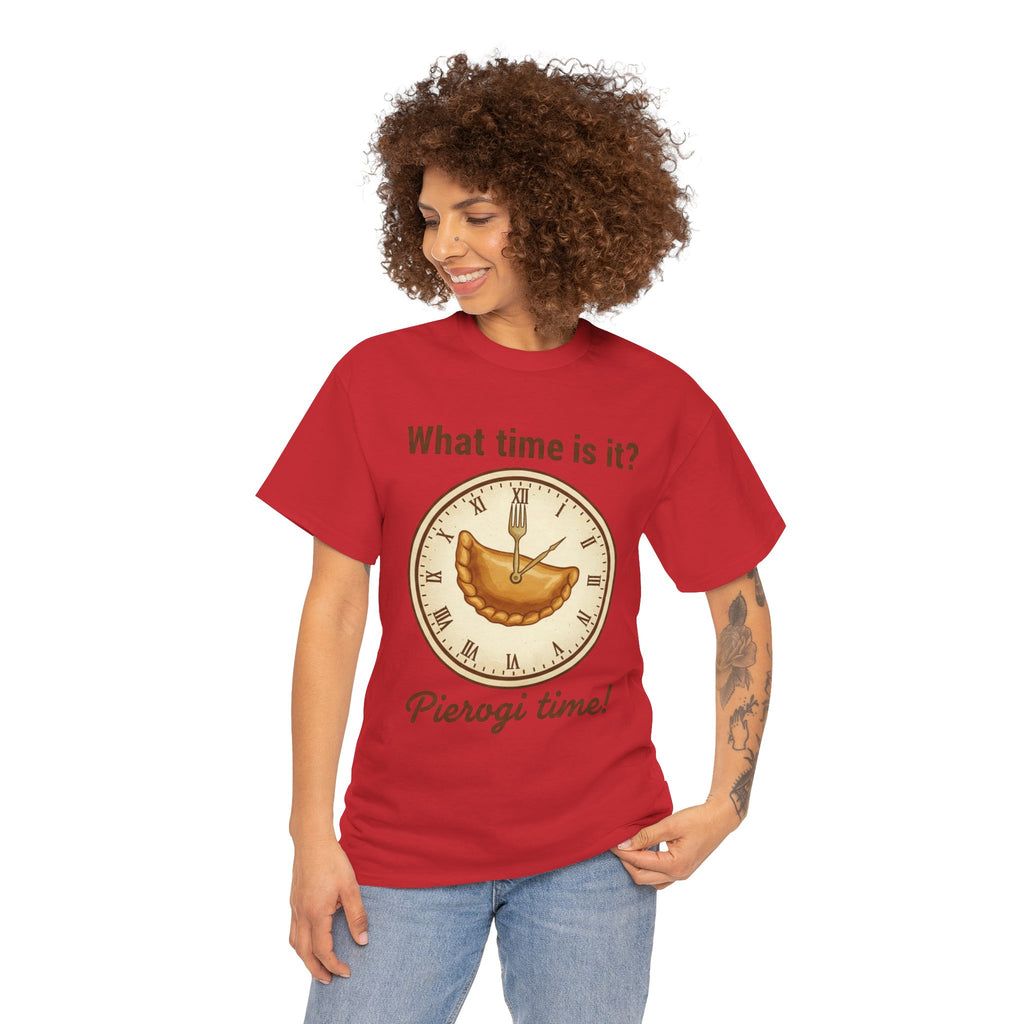 Pierogi Time T‑Shirt — "What time is it? Pierogi time!" Vintage Clock Food Tee