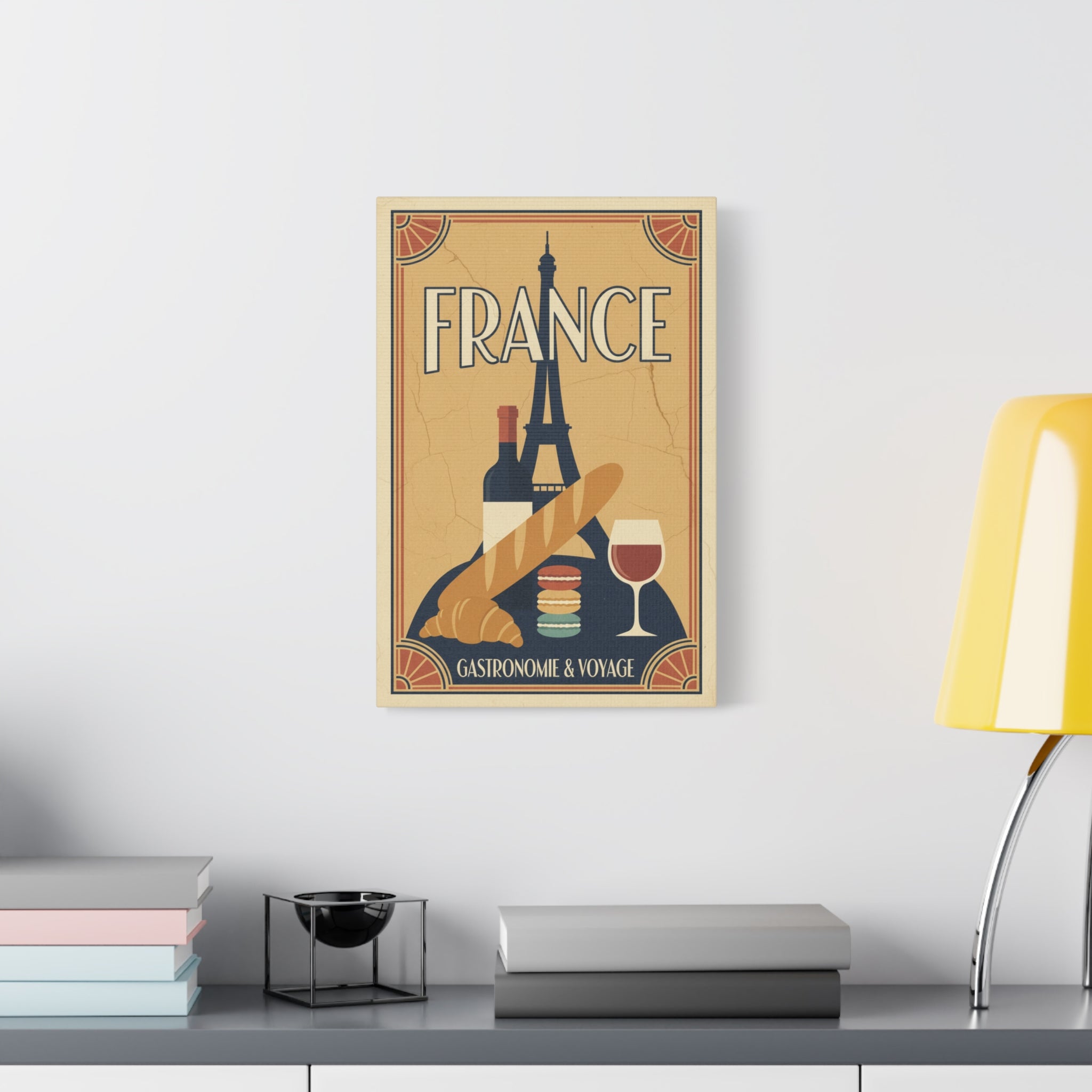 France Travel Poster Canvas - Vintage Eiffel Tower, Baguette & Wine Wall Art