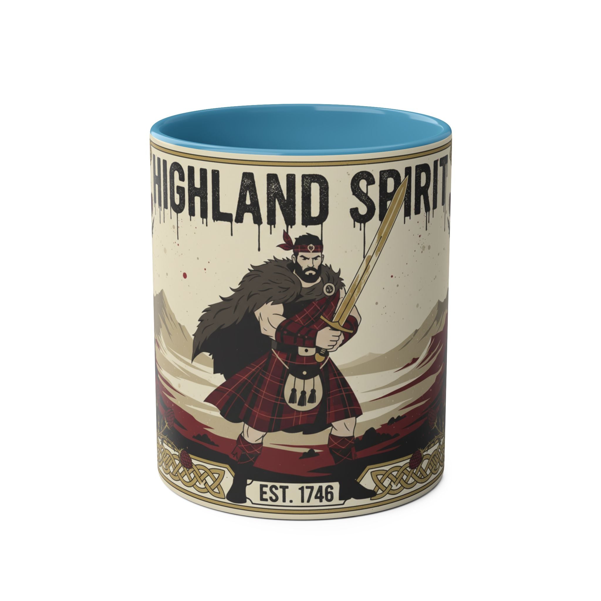 Highland Spirit Coffee Mug — Vintage Scottish Highlander 11oz Two-Tone Ceramic