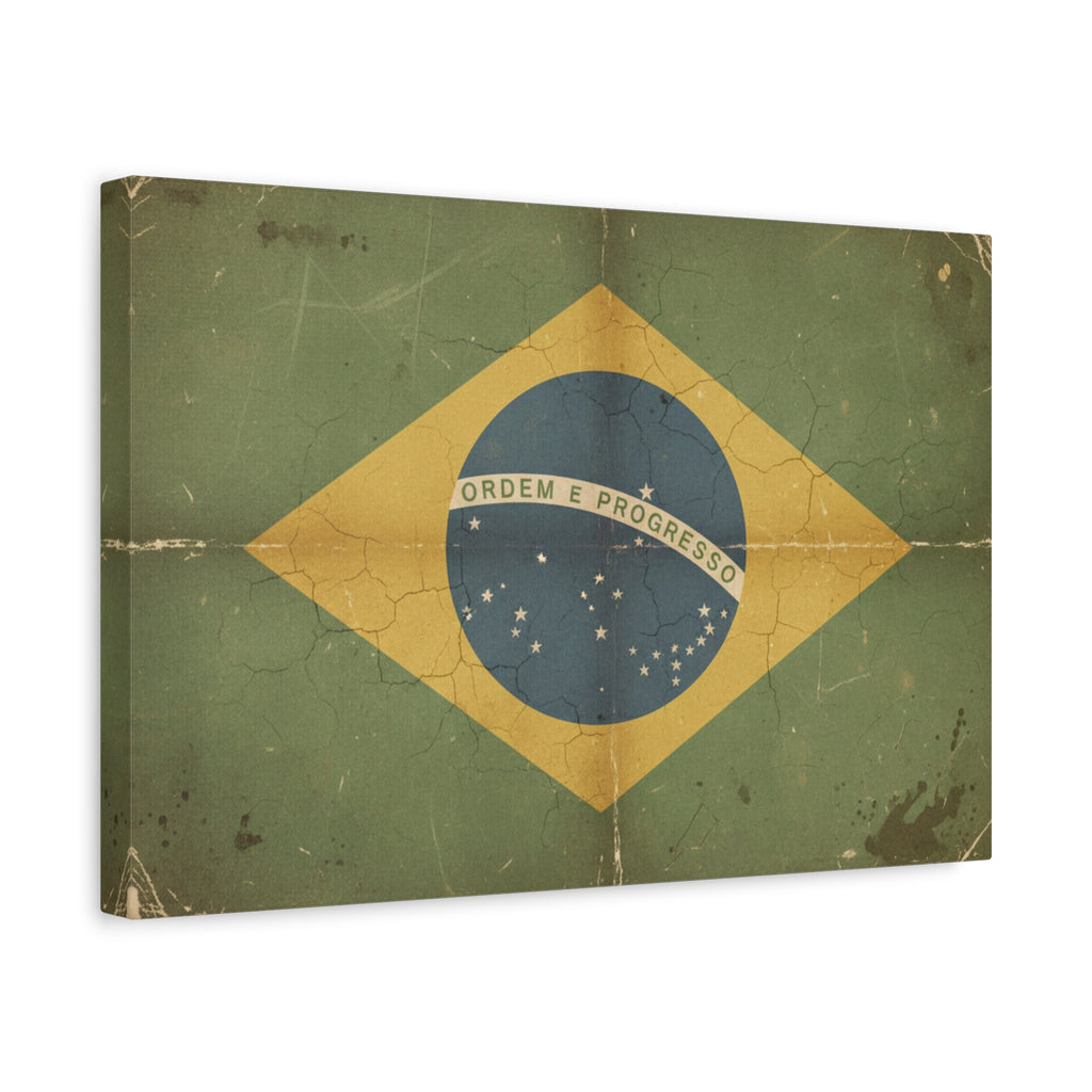Brazil Flag Vintage Canvas Print — Vintage 'Ordem e Progresso' Stretched Matte Wall Art