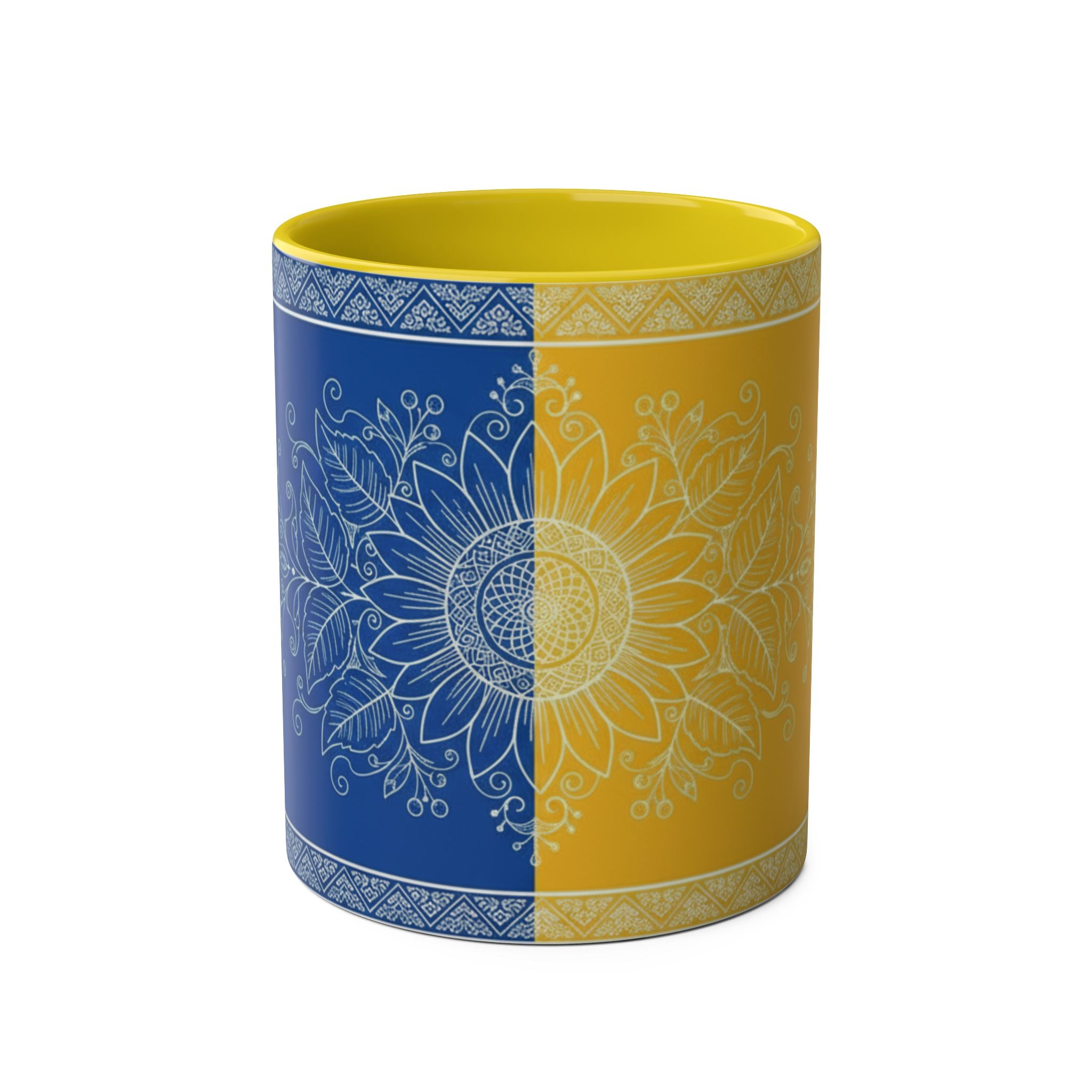 Sunflower Mandala Two-Tone Coffee Mug — Blue & Yellow 11oz