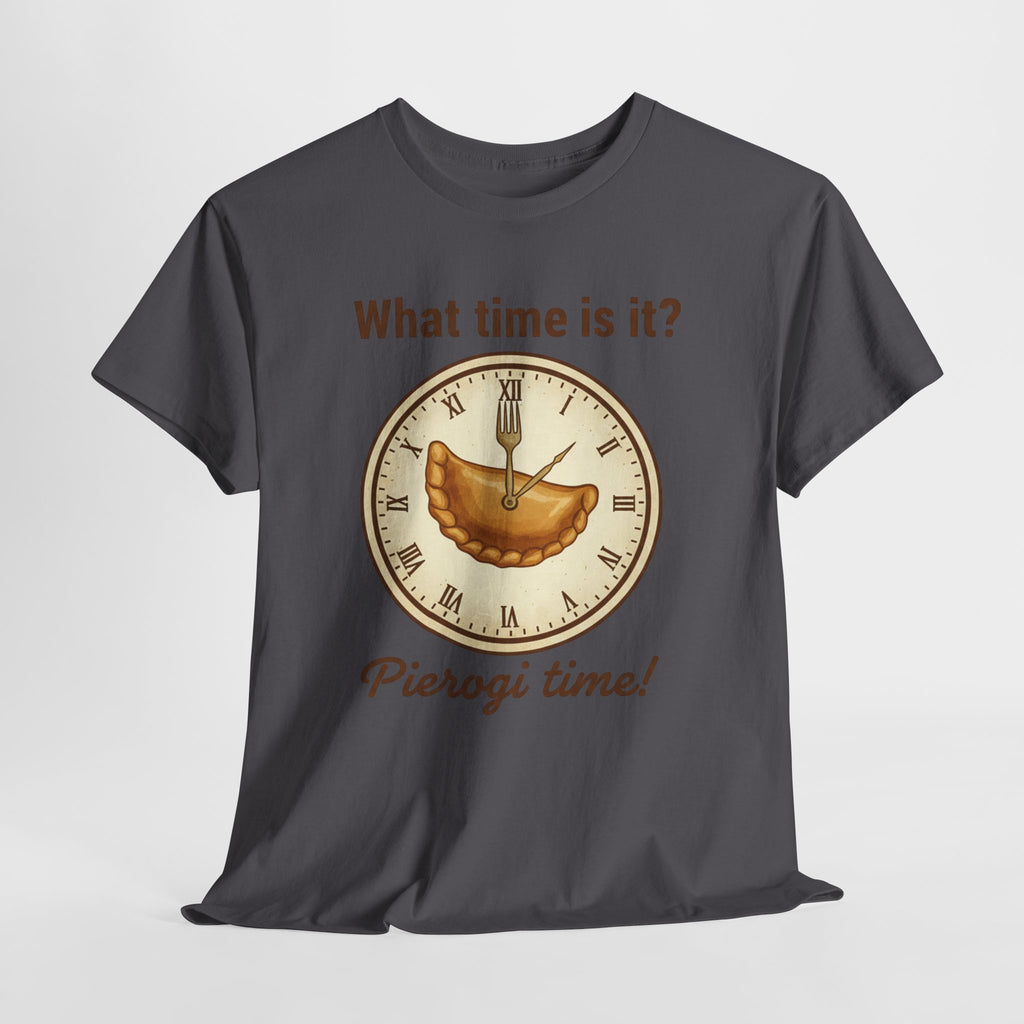Pierogi Time T‑Shirt — "What time is it? Pierogi time!" Vintage Clock Food Tee