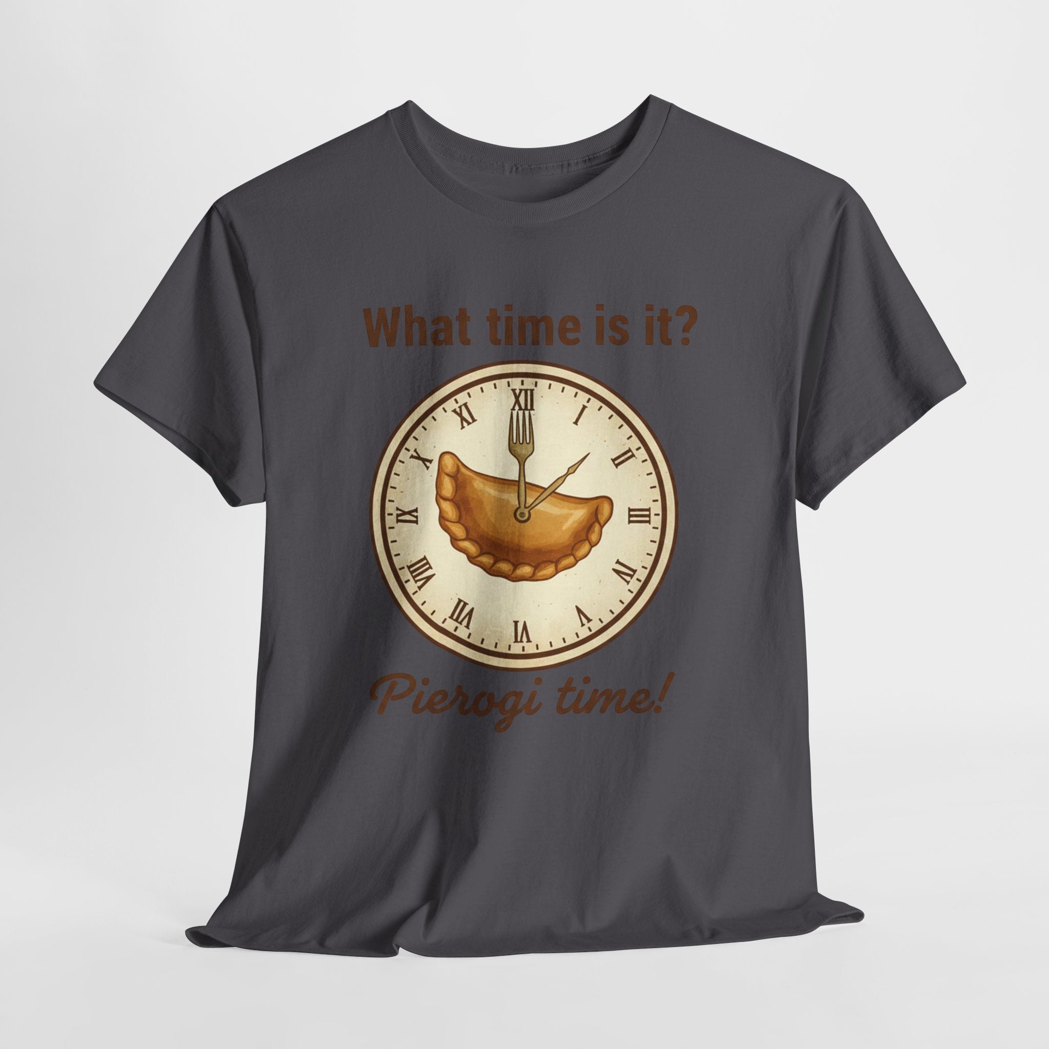 Pierogi Time T‑Shirt — "What time is it? Pierogi time!" Vintage Clock Food Tee