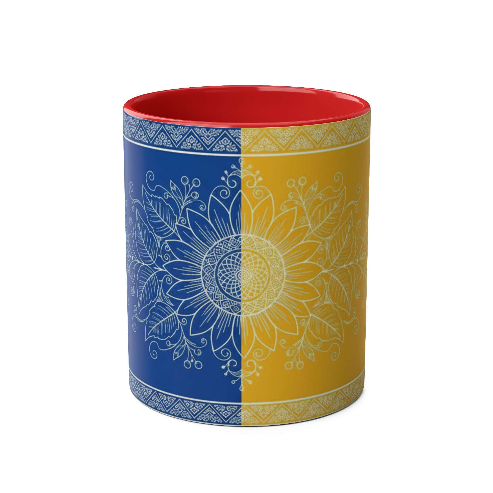 Sunflower Mandala Two-Tone Coffee Mug — Blue & Yellow 11oz