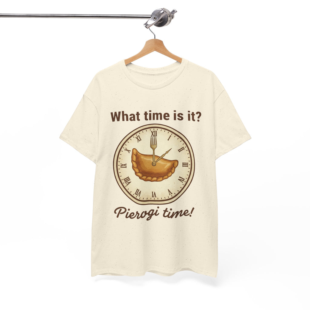Pierogi Time T‑Shirt — "What time is it? Pierogi time!" Vintage Clock Food Tee