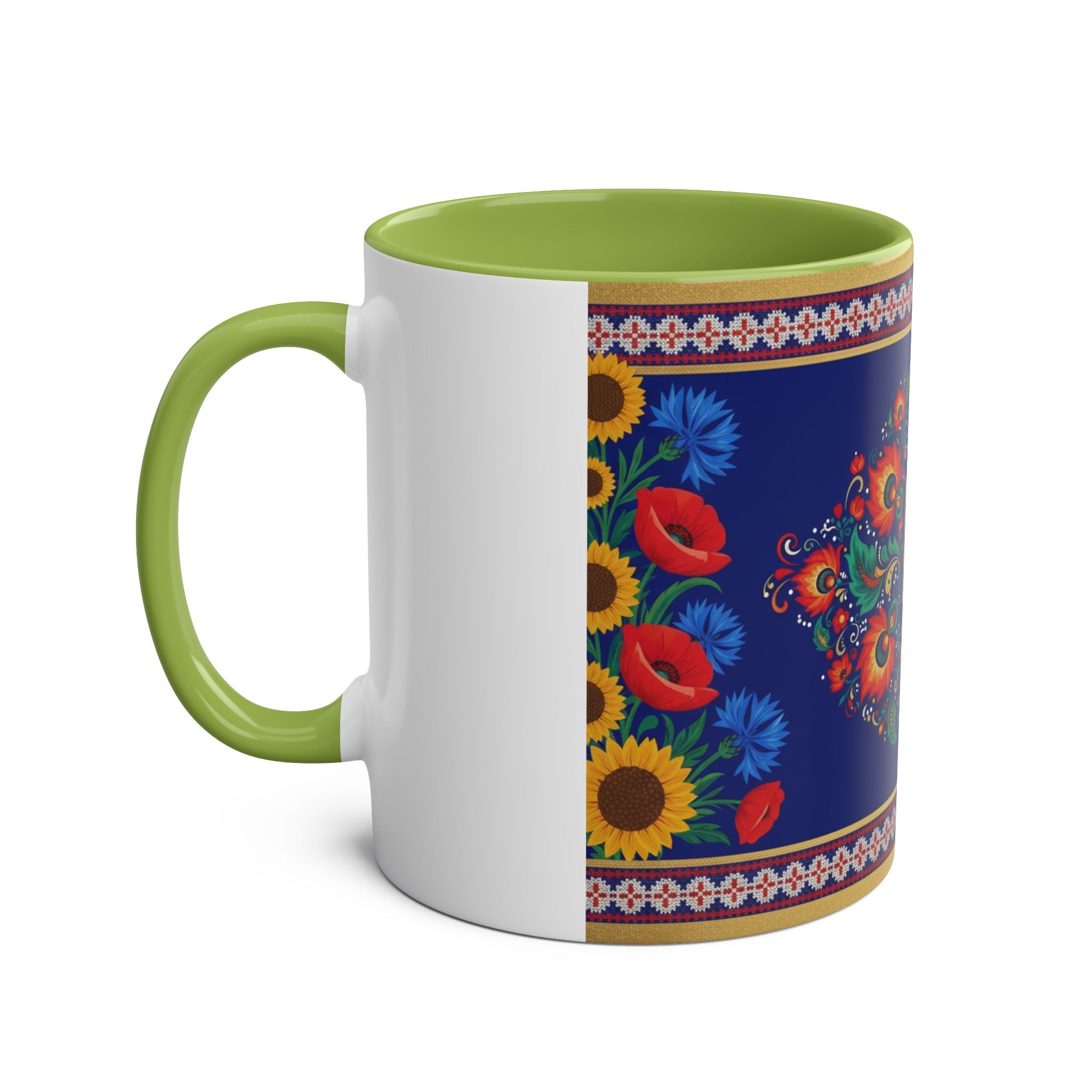 Ukrainian Floral Coffee Mug — Two-Tone 11oz with Tryzub & Folk Motif