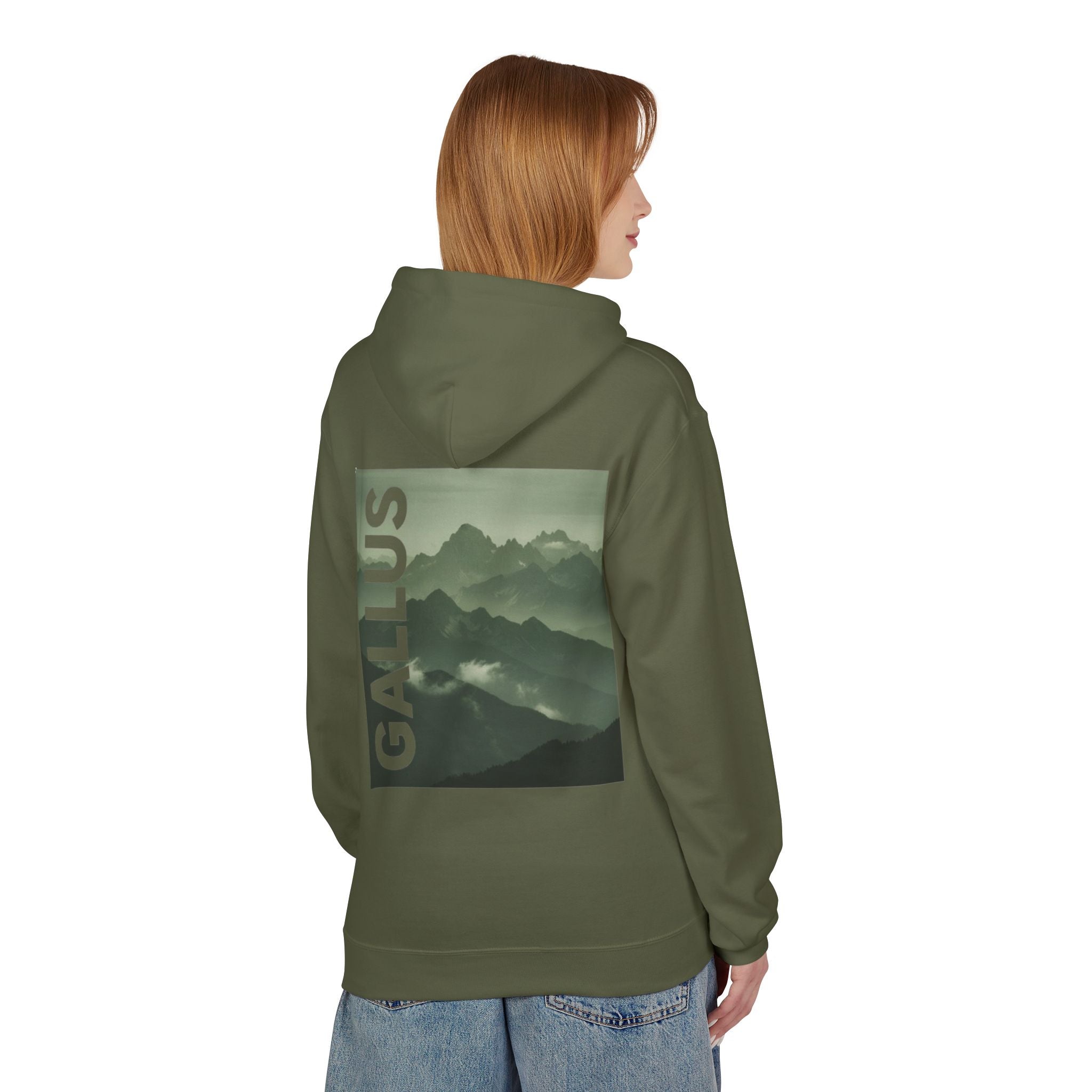 Gallus Mountain Hoodie — Olive Graphic Fleece Pullover with Backscape Print