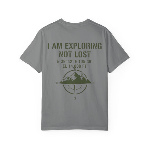 Adventure T-Shirt — "I Am Exploring Not Lost" Mountain Compass Graphic