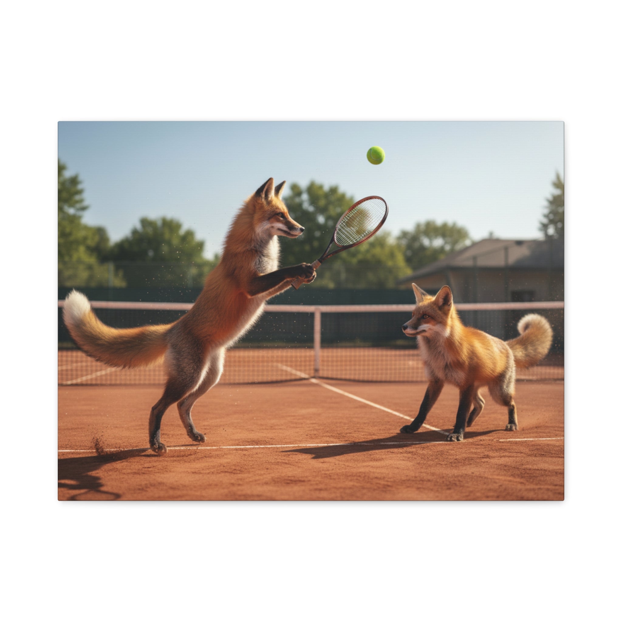 Foxes Playing Tennis Matte Canvas Wall Art — Whimsical Animal Sports Print