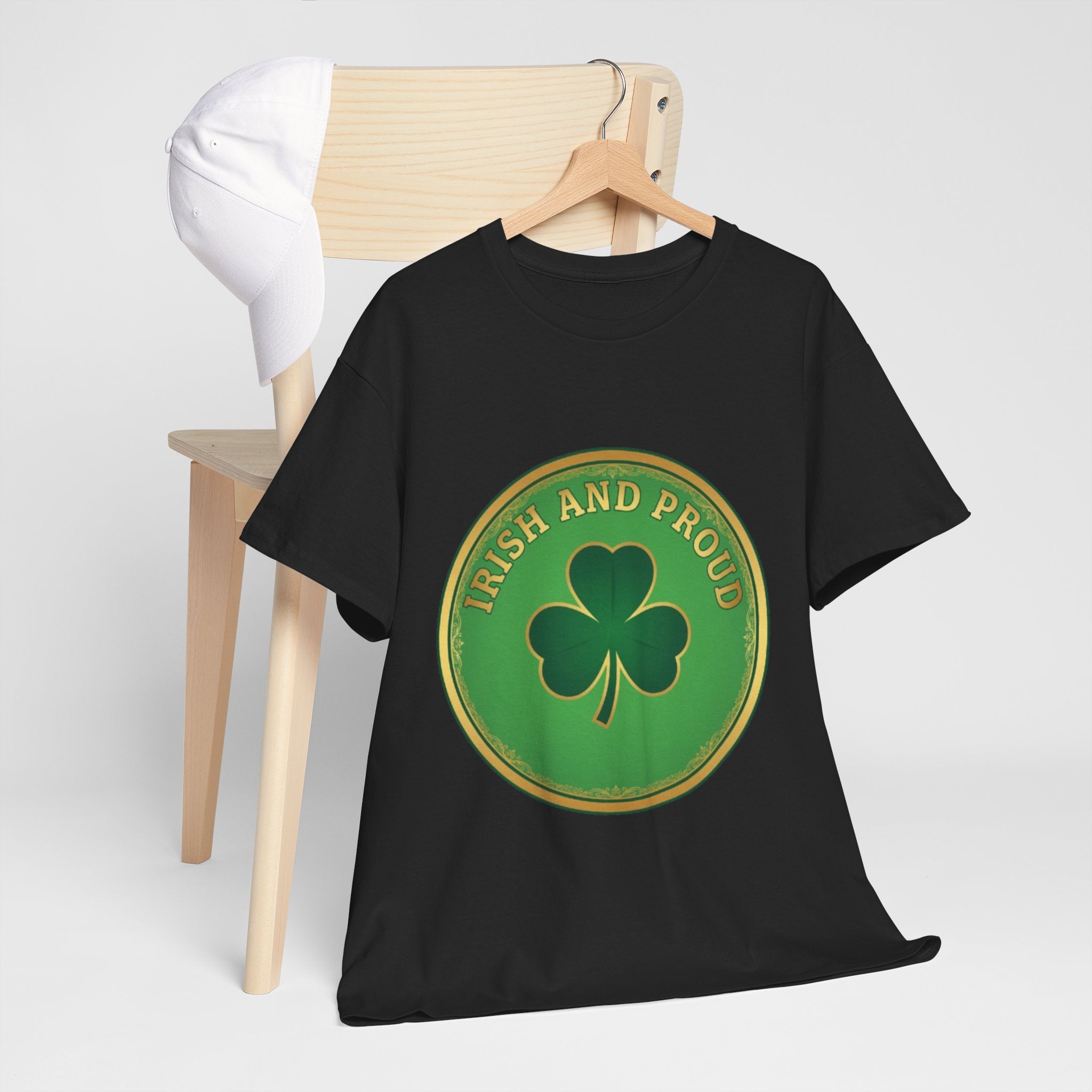Irish and Proud T-Shirt — Green Shamrock Emblem Tee for St. Patrick's Day