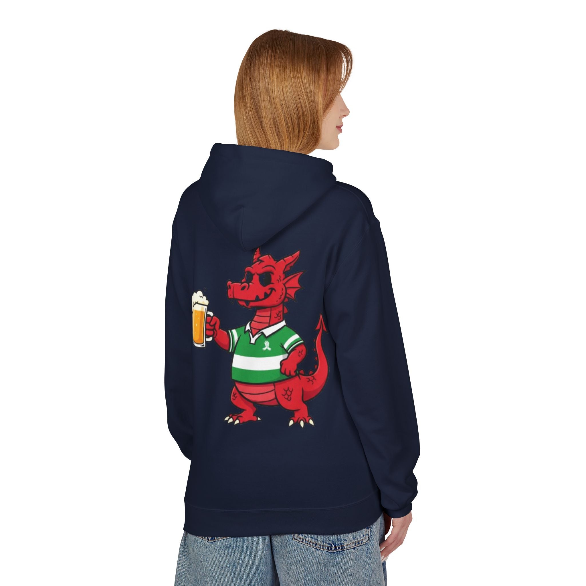 Welsh Dragon Drinking Beer Hoodie — Rugby Pub Fan Pullover
