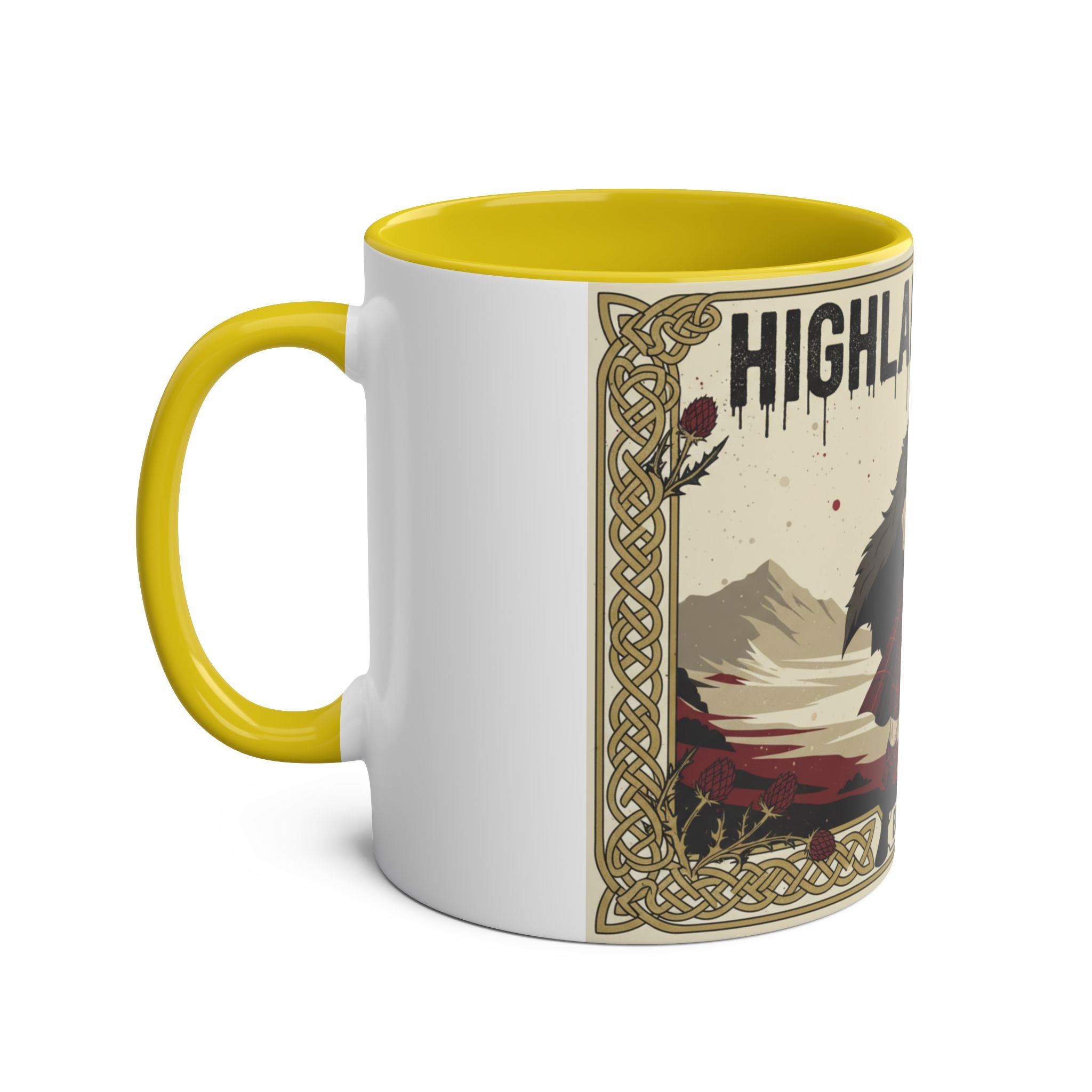 Highland Spirit Coffee Mug — Vintage Scottish Highlander 11oz Two-Tone Ceramic
