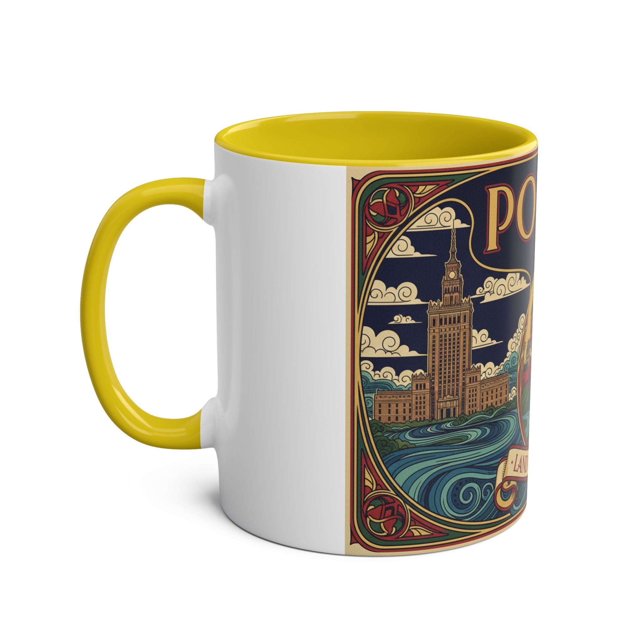 Polska 'Land of Legends' Two-Tone Coffee Mug — 11oz Polish Travel Poster Design