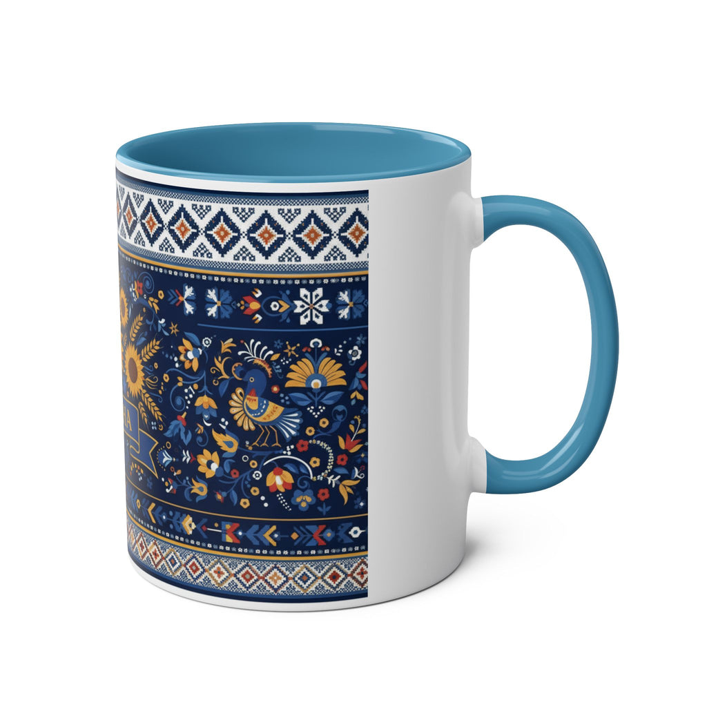Ukraine Sunflowers Ceramic Mug — Two-Tone 11oz Coffee Cup with Ukrainian Folk Pattern
