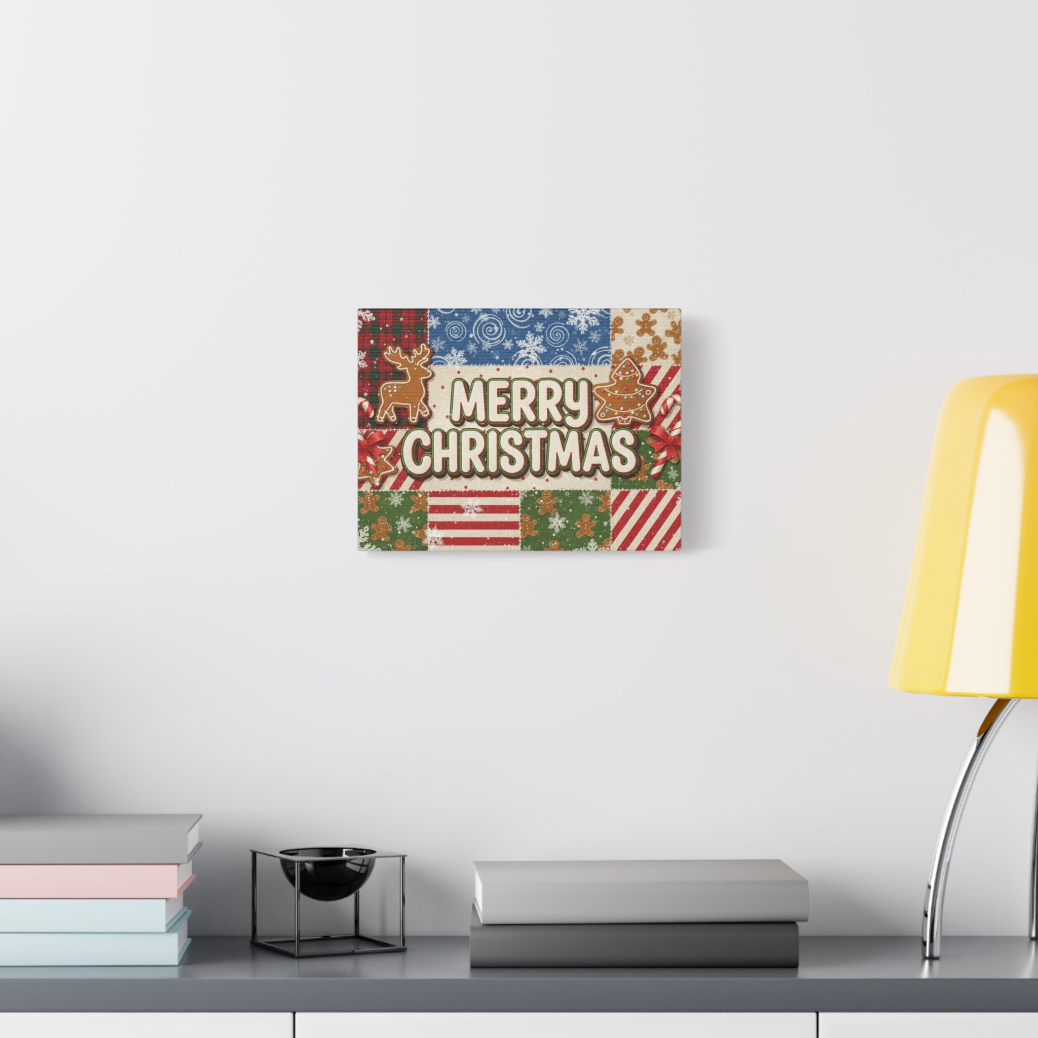 Merry Christmas Holiday Patchwork Canvas Wall Art — Festive Gingerbread & Reindeer
