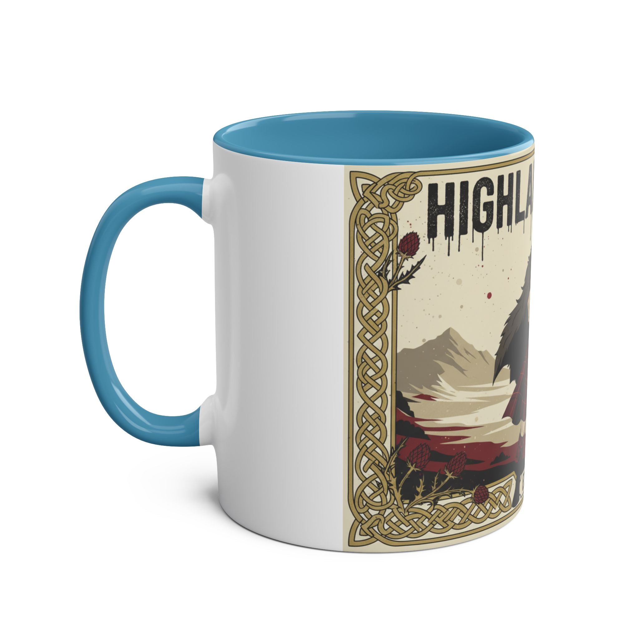Highland Spirit Coffee Mug — Vintage Scottish Highlander 11oz Two-Tone Ceramic