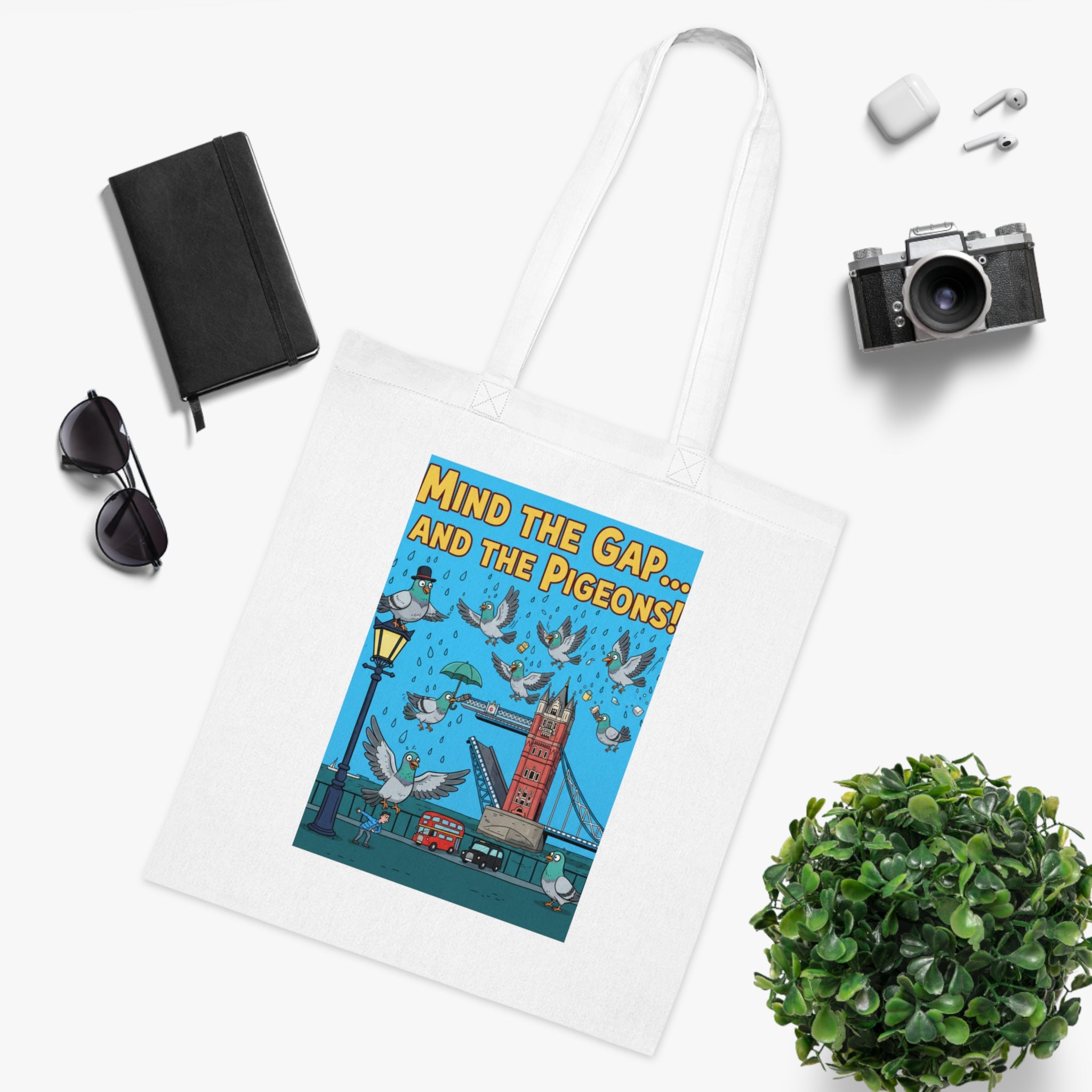 Vintage London Tote Bag — "Mind the Gap... and the Pigeons!" Illustrated Cotton Tote