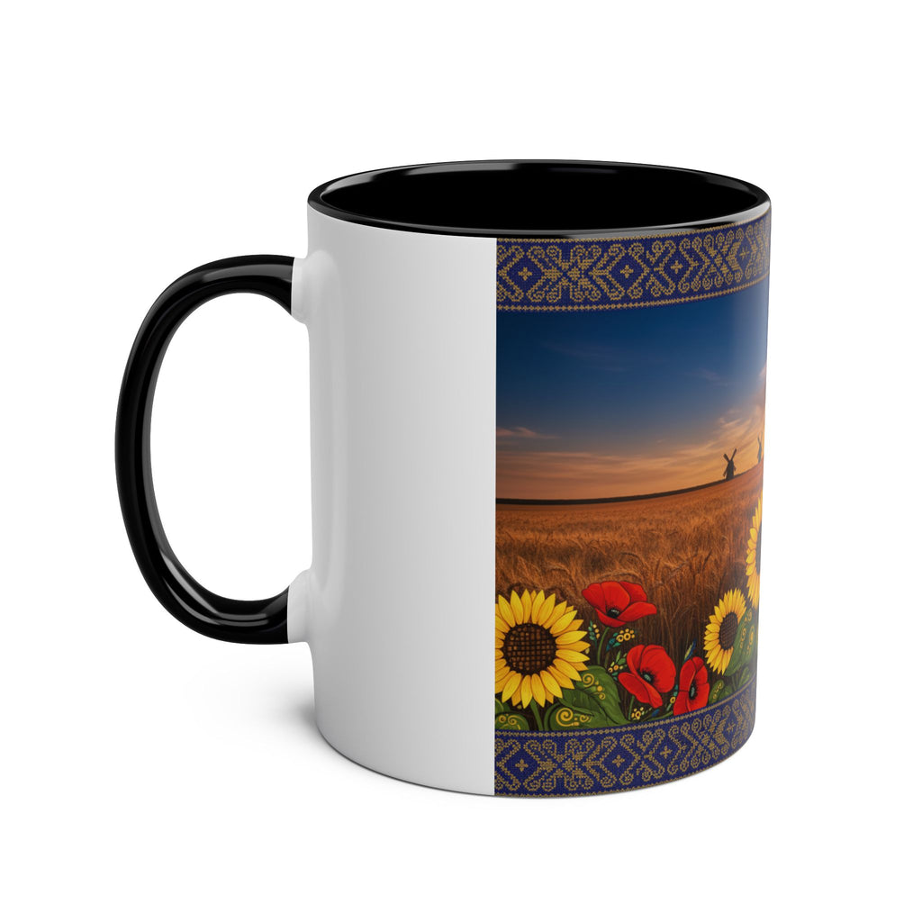 Sunflower Field Ceramic Mug — Two-Tone 11oz Coffee Cup with Sunrise & Windmills Design