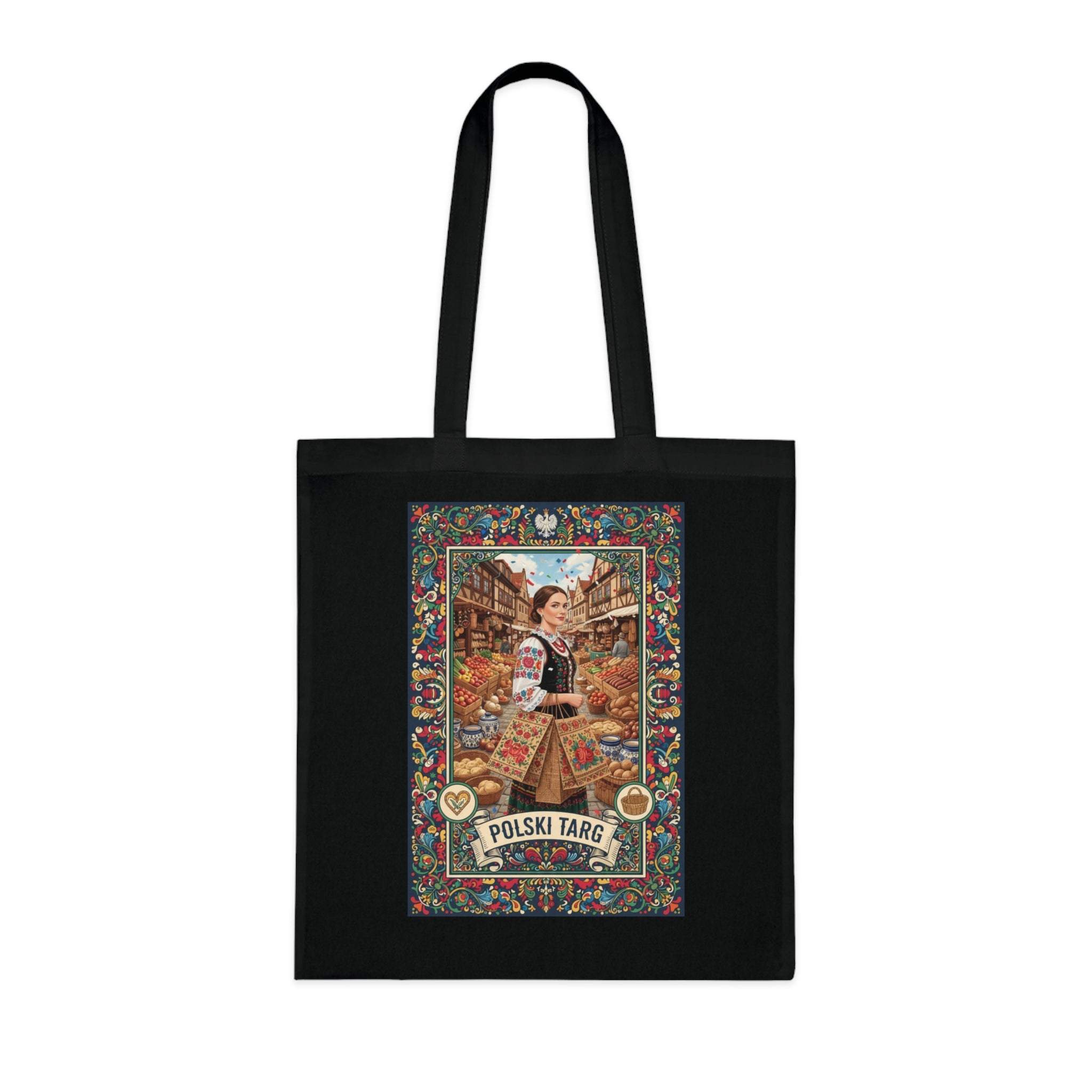 Polski Targ Cotton Tote — Vintage Polish Market Illustration Grocery Bag