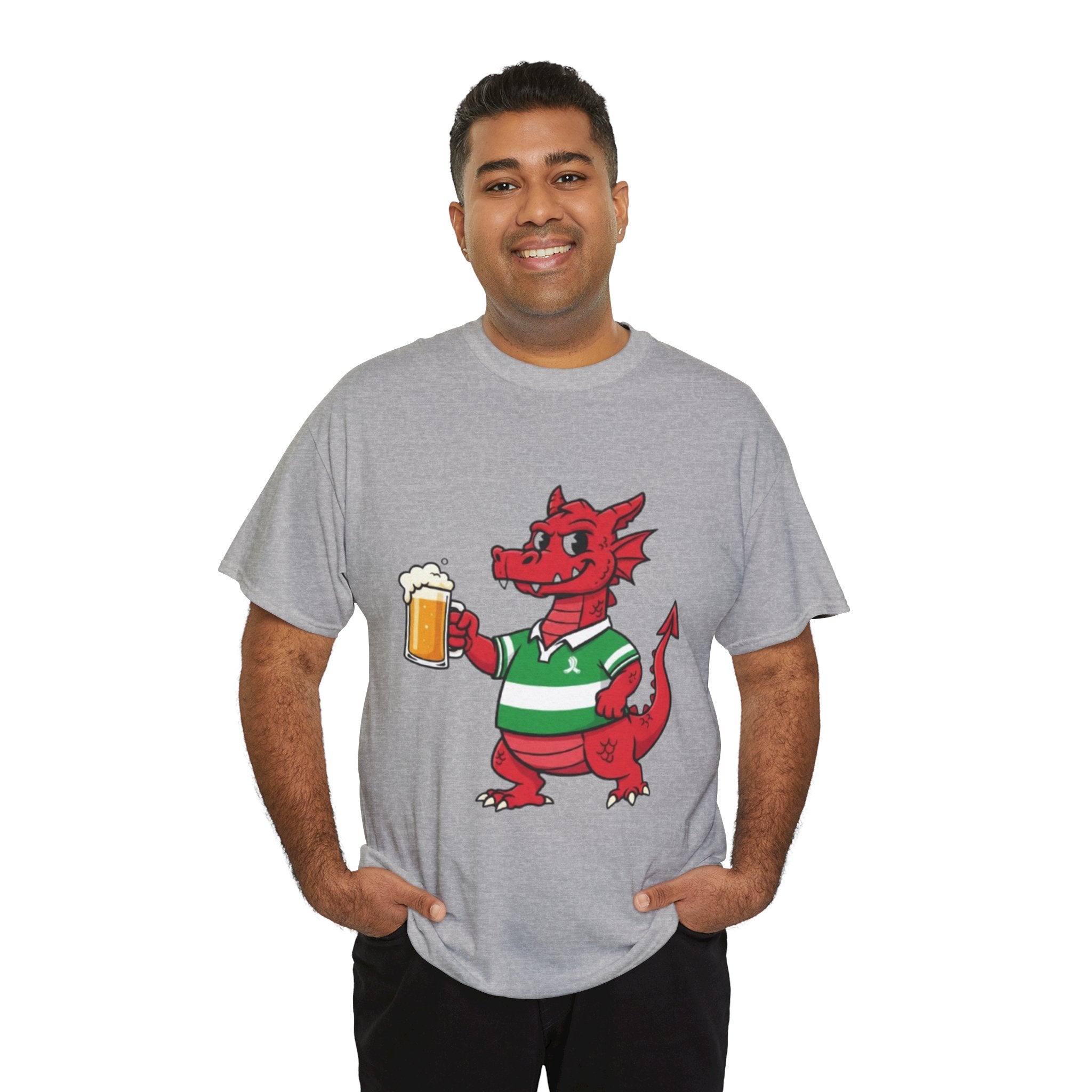 Dragon Cheers T‑Shirt — Cute Red Dragon Holding Beer Graphic Tee