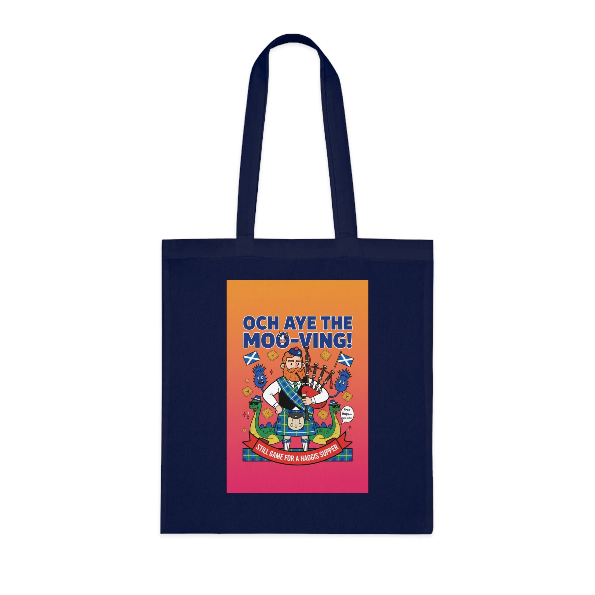 Scottish Cow Cartoon Cotton Tote — "Och Aye the Moo-ving!" Funny Celtic Grocery Bag