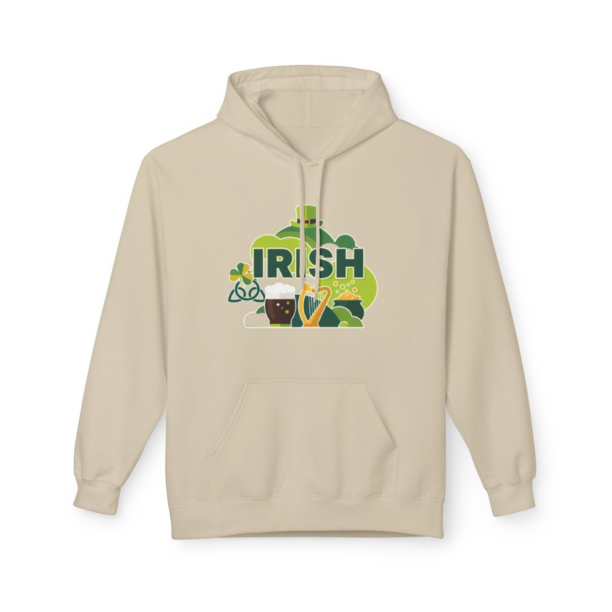 Irish St. Patrick's Day Hoodie — Shamrock, Leprechaun Hat & Pint Design