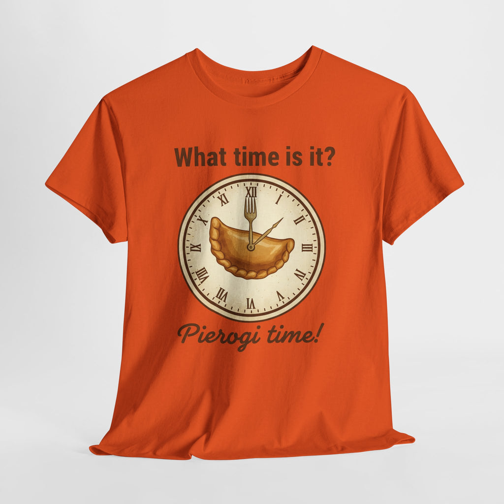Pierogi Time T‑Shirt — "What time is it? Pierogi time!" Vintage Clock Food Tee