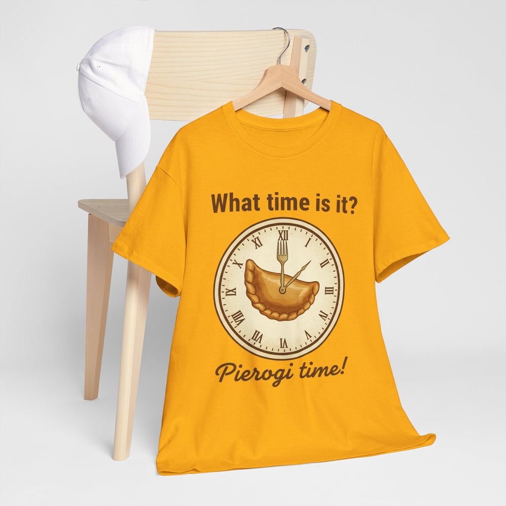 Pierogi Time T‑Shirt — "What time is it? Pierogi time!" Vintage Clock Food Tee