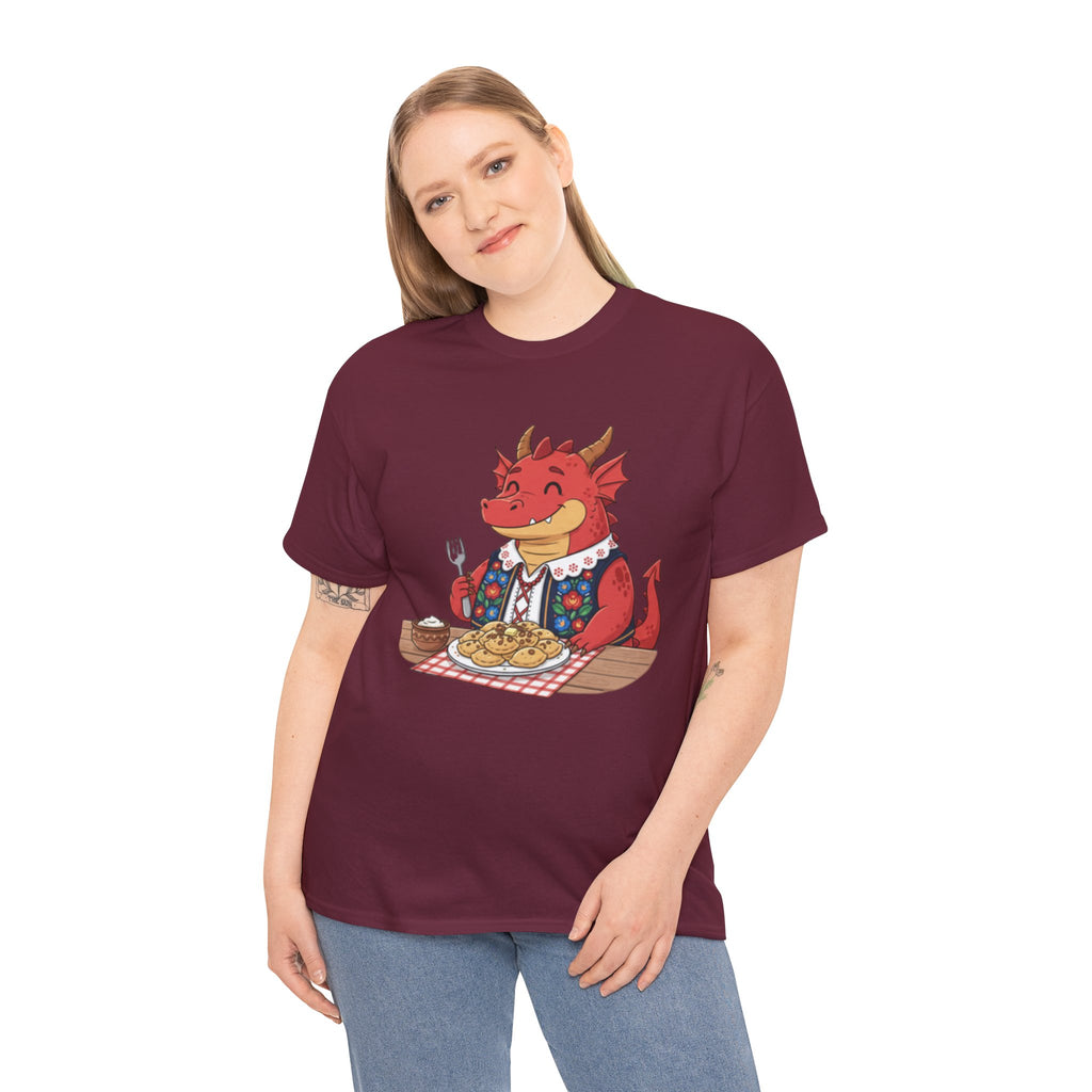 Dragon Eating Pierogi T-Shirt — "Mój nowy smok. Też lubi pierogi." Cute Polish Food Tee