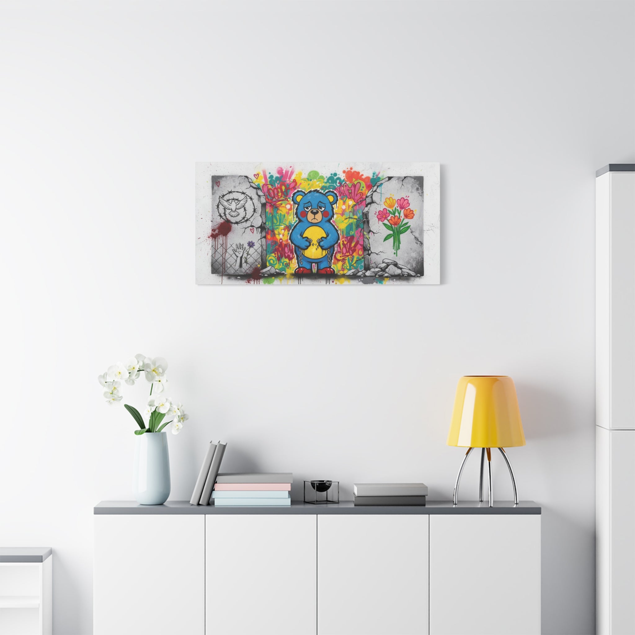 Graffiti Blue Bear Matte Canvas Print — Urban Street Art Wall Decor