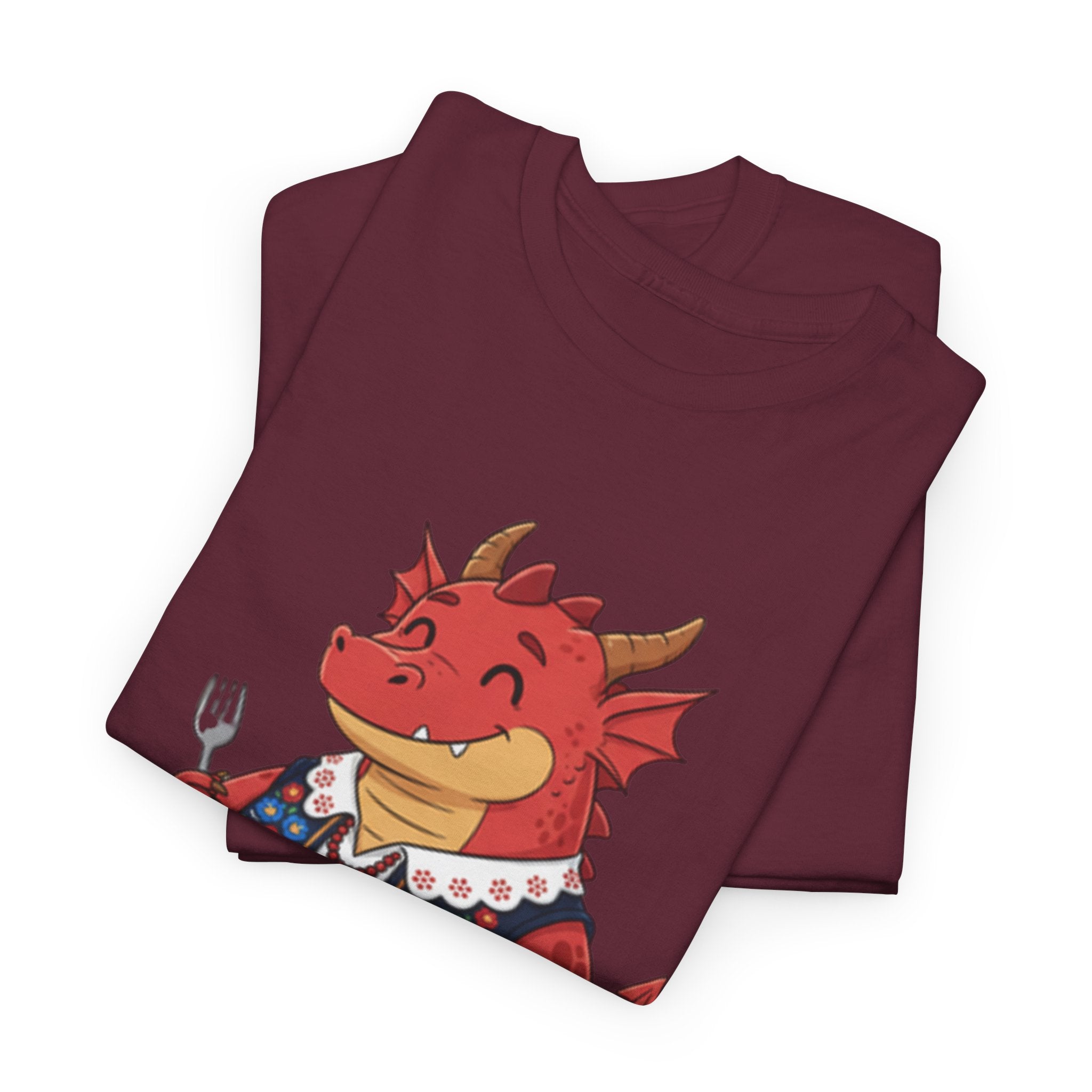 Dragon Eating Pierogi T-Shirt — "Mój nowy smok. Też lubi pierogi." Cute Polish Food Tee