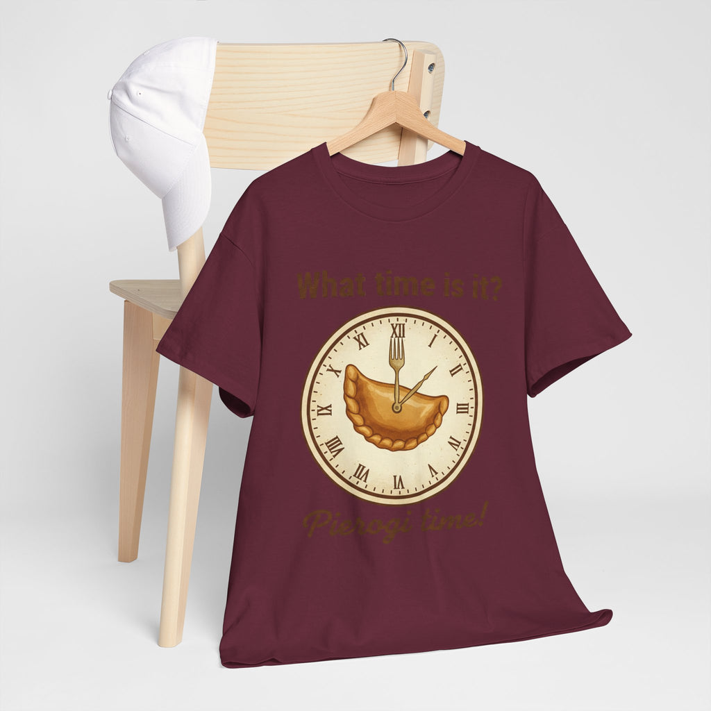 Pierogi Time T‑Shirt — "What time is it? Pierogi time!" Vintage Clock Food Tee