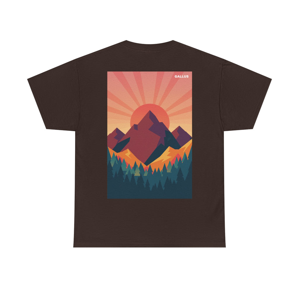 Mountain Sunset T-Shirt — Retro Nature Graphic Tee with 'GALLUS' Logo