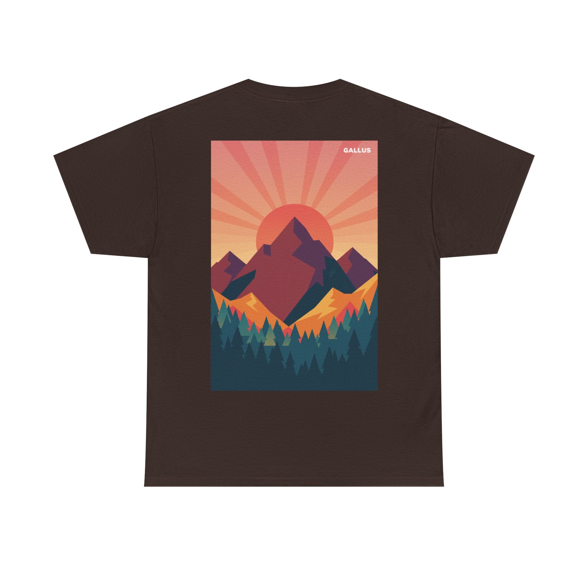 Mountain Sunset T-Shirt — Retro Nature Graphic Tee with 'GALLUS' Logo