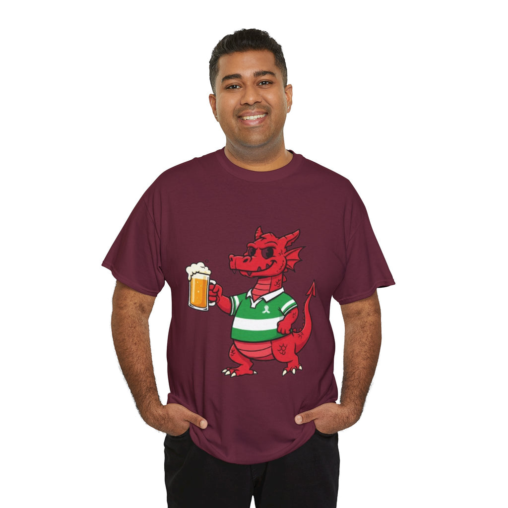Dragon Cheers T‑Shirt — Cute Red Dragon Holding Beer Graphic Tee