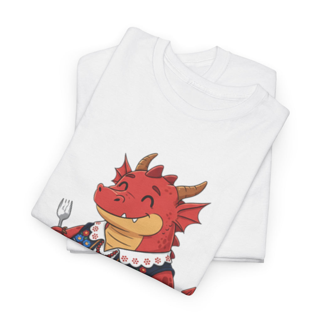 Dragon Eating Pierogi T-Shirt — "Mój nowy smok. Też lubi pierogi." Cute Polish Food Tee