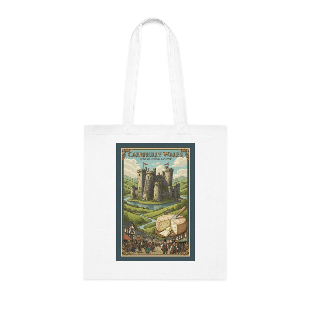 Vintage Castle & Cheese Market Cotton Tote — 'Caerphilly Wales' Retro Travel Poster Tote