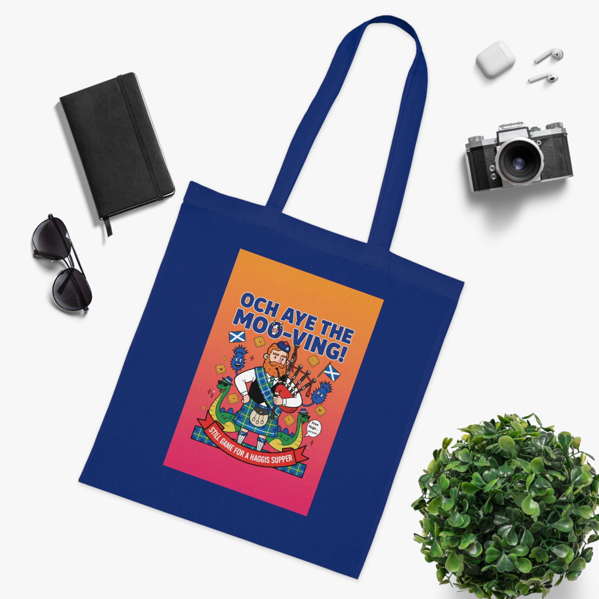 Scottish Cow Cartoon Cotton Tote — "Och Aye the Moo-ving!" Funny Celtic Grocery Bag