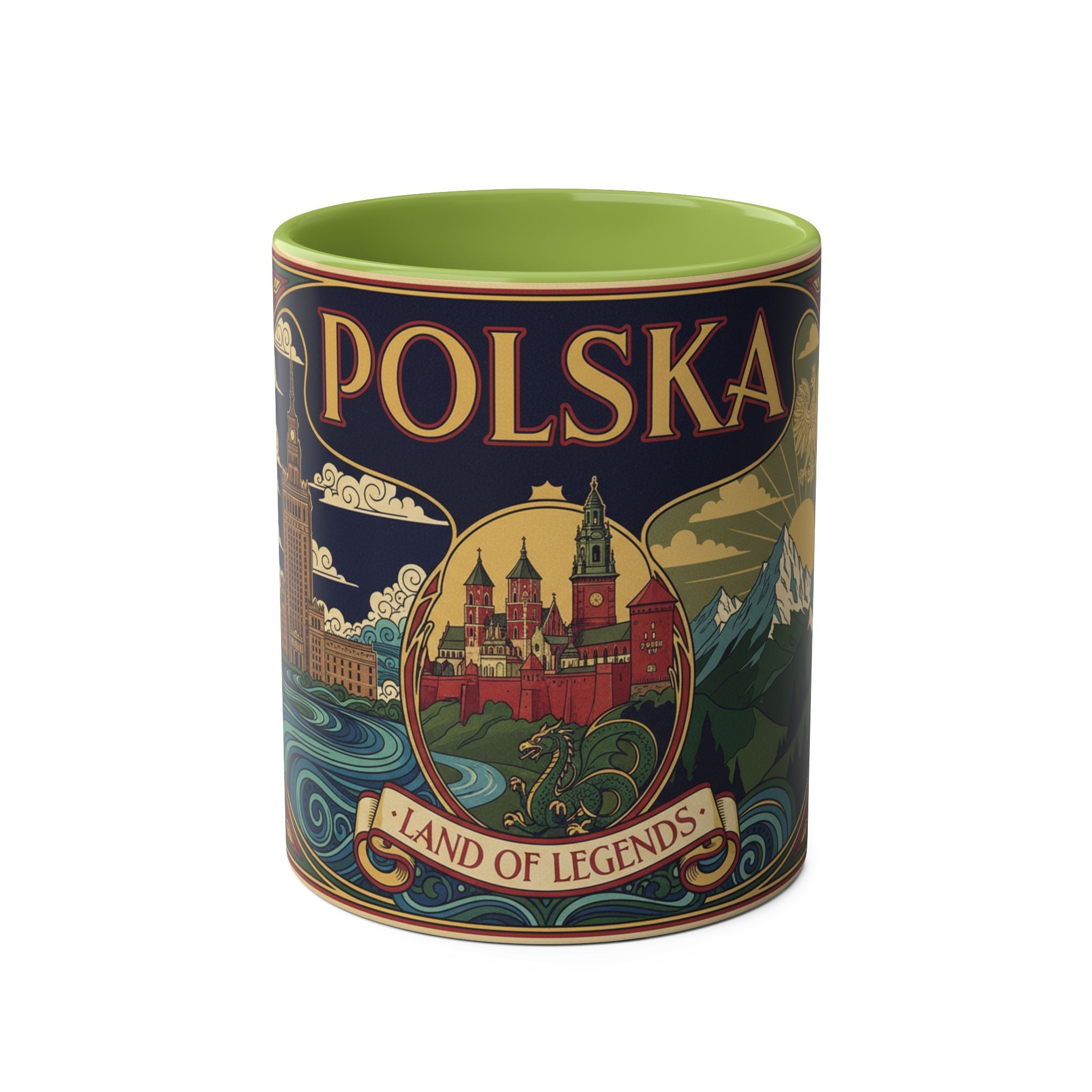 Polska 'Land of Legends' Two-Tone Coffee Mug — 11oz Polish Travel Poster Design