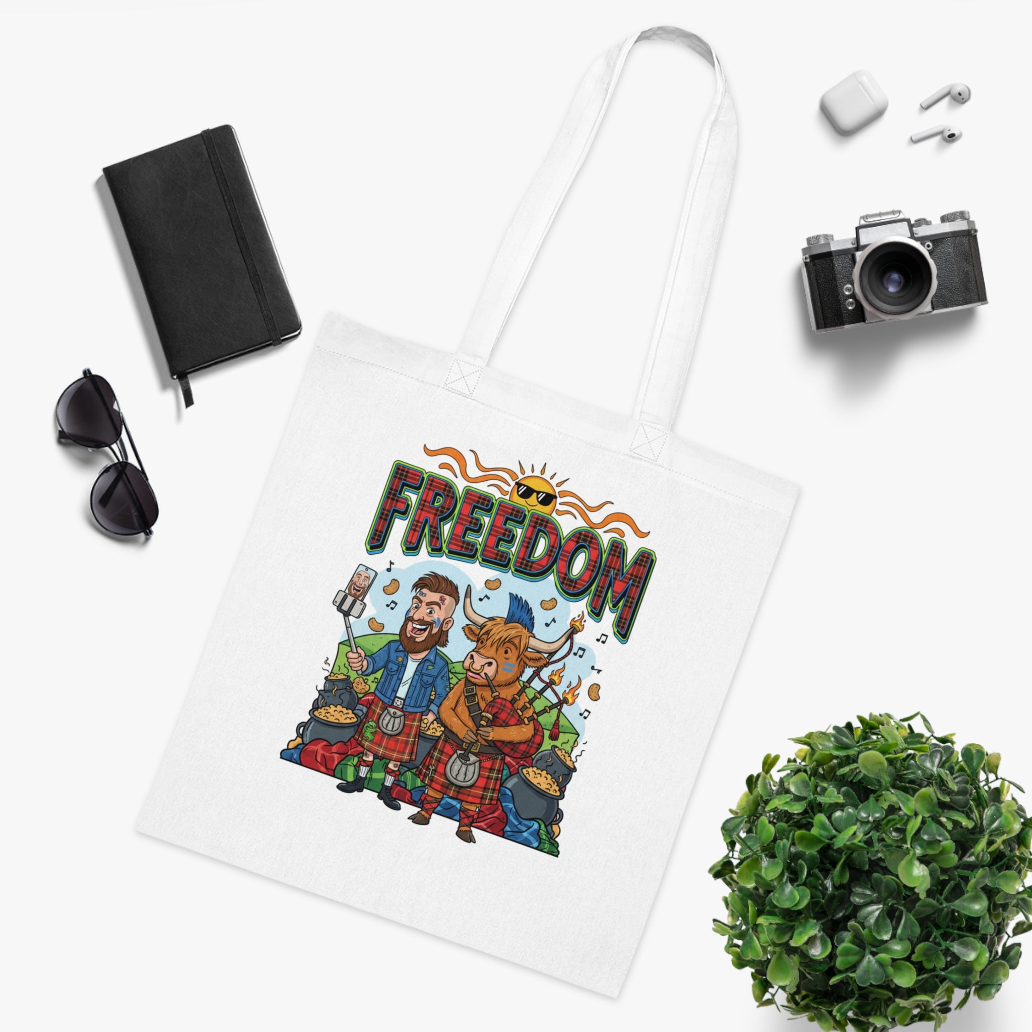 Freedom Scottish Highlanders Cotton Tote — Funny Kilted Bagpipes Design