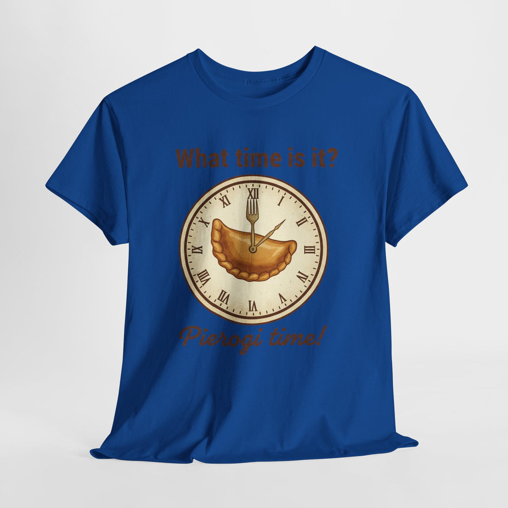 Pierogi Time T‑Shirt — "What time is it? Pierogi time!" Vintage Clock Food Tee