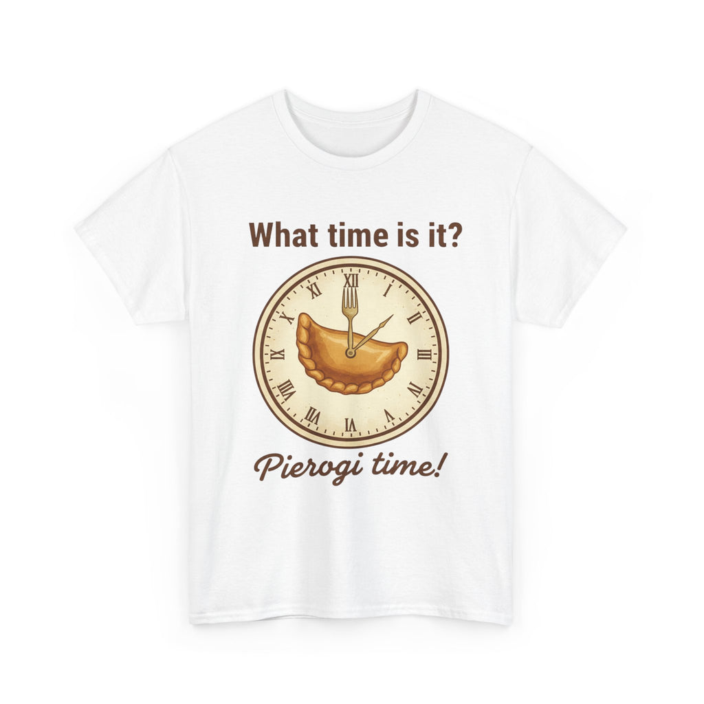 Pierogi Time T‑Shirt — "What time is it? Pierogi time!" Vintage Clock Food Tee