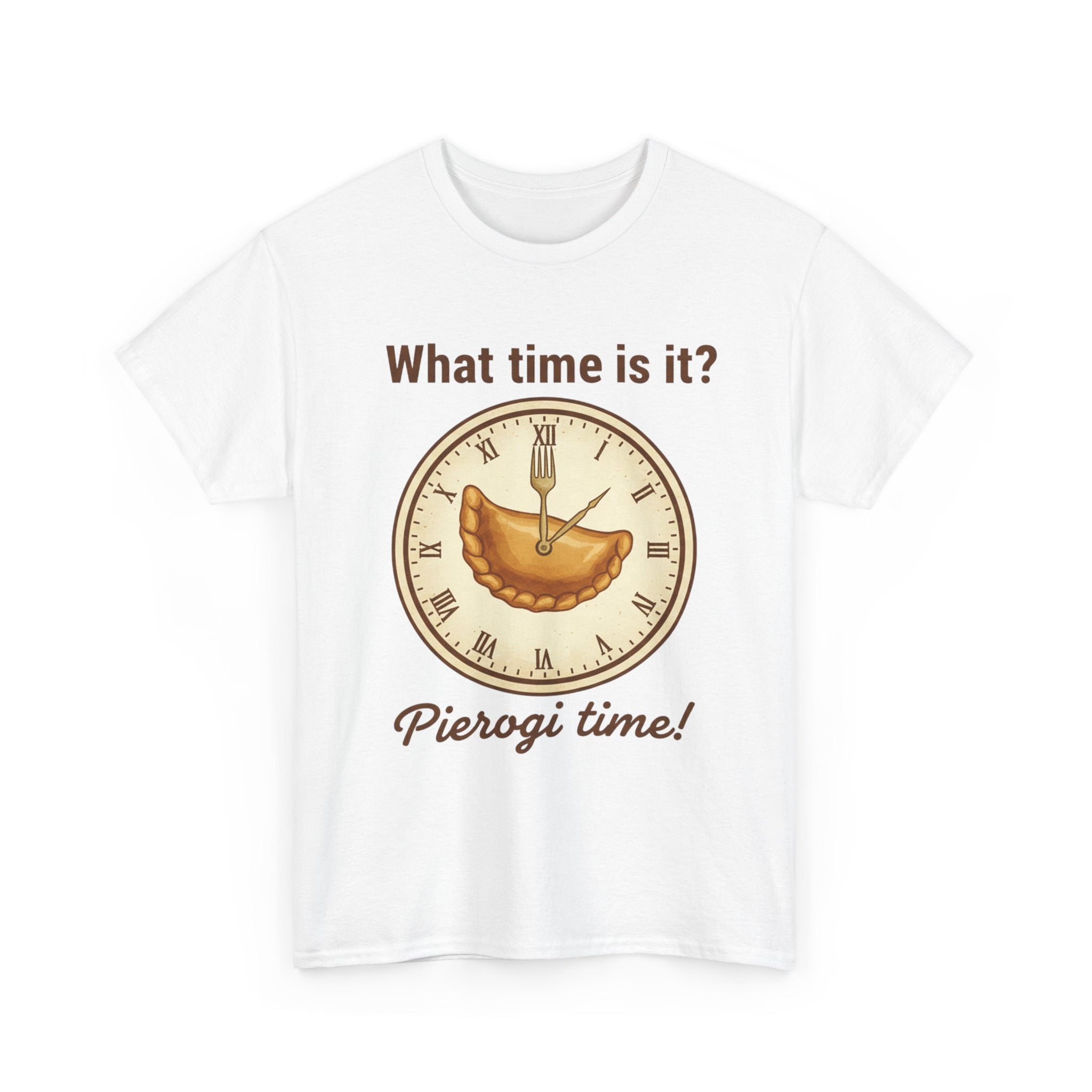 Pierogi Time T‑Shirt — "What time is it? Pierogi time!" Vintage Clock Food Tee