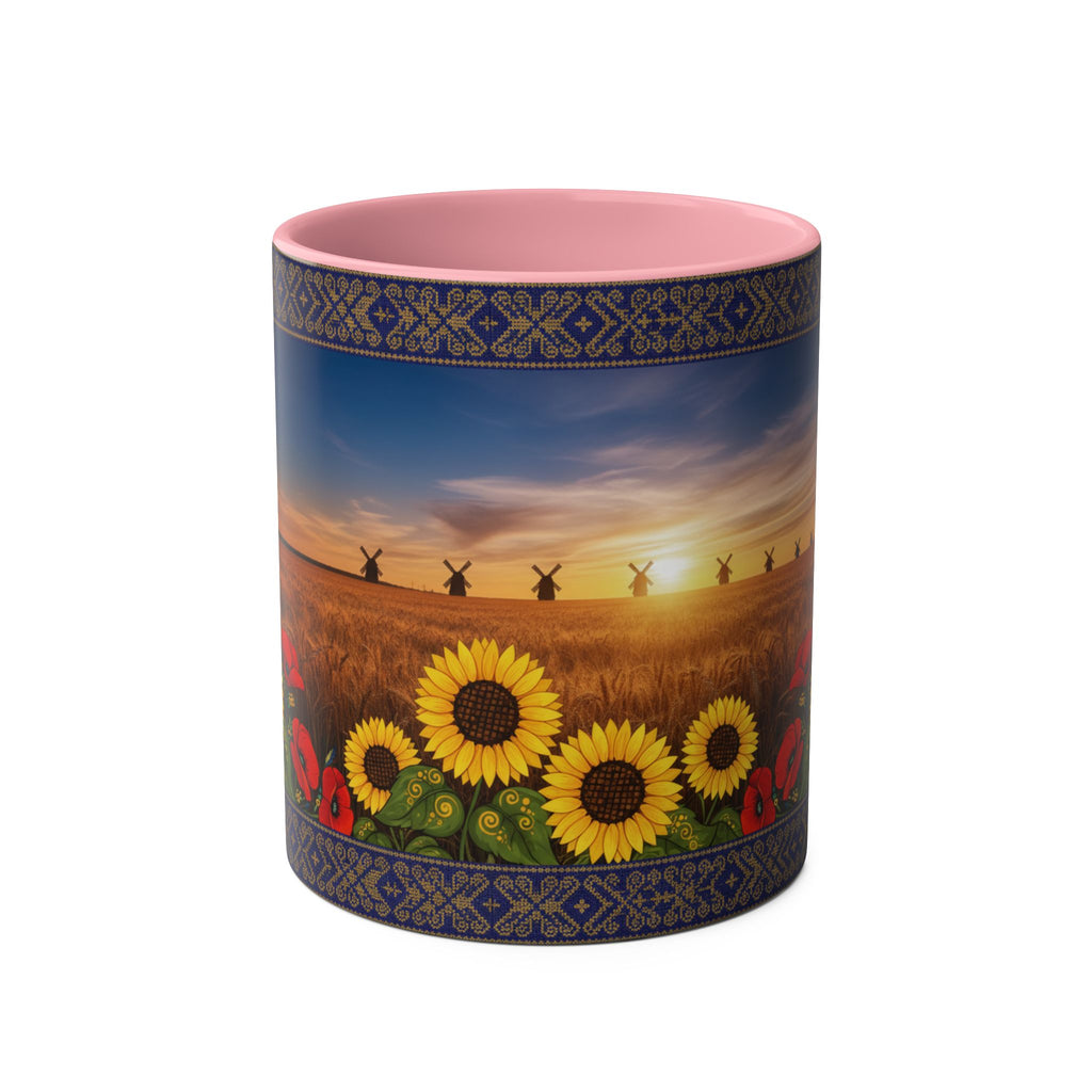 Sunflower Field Ceramic Mug — Two-Tone 11oz Coffee Cup with Sunrise & Windmills Design